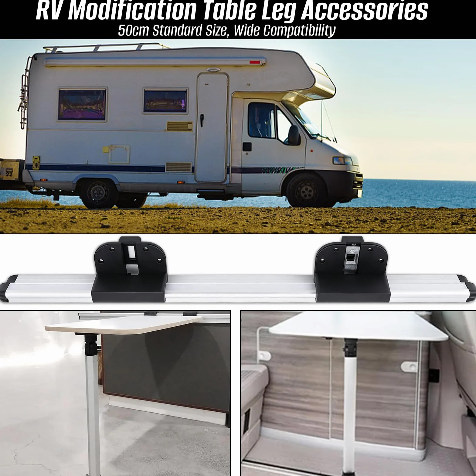 Pata de Mesa Plegable RV y Riel Deslizante, Pata Mesa Camper Plegable de Aluminio con Barra Colgante de 50cm y Clip Soporte De Base De Mesa para Autocaravana Yate Caravana