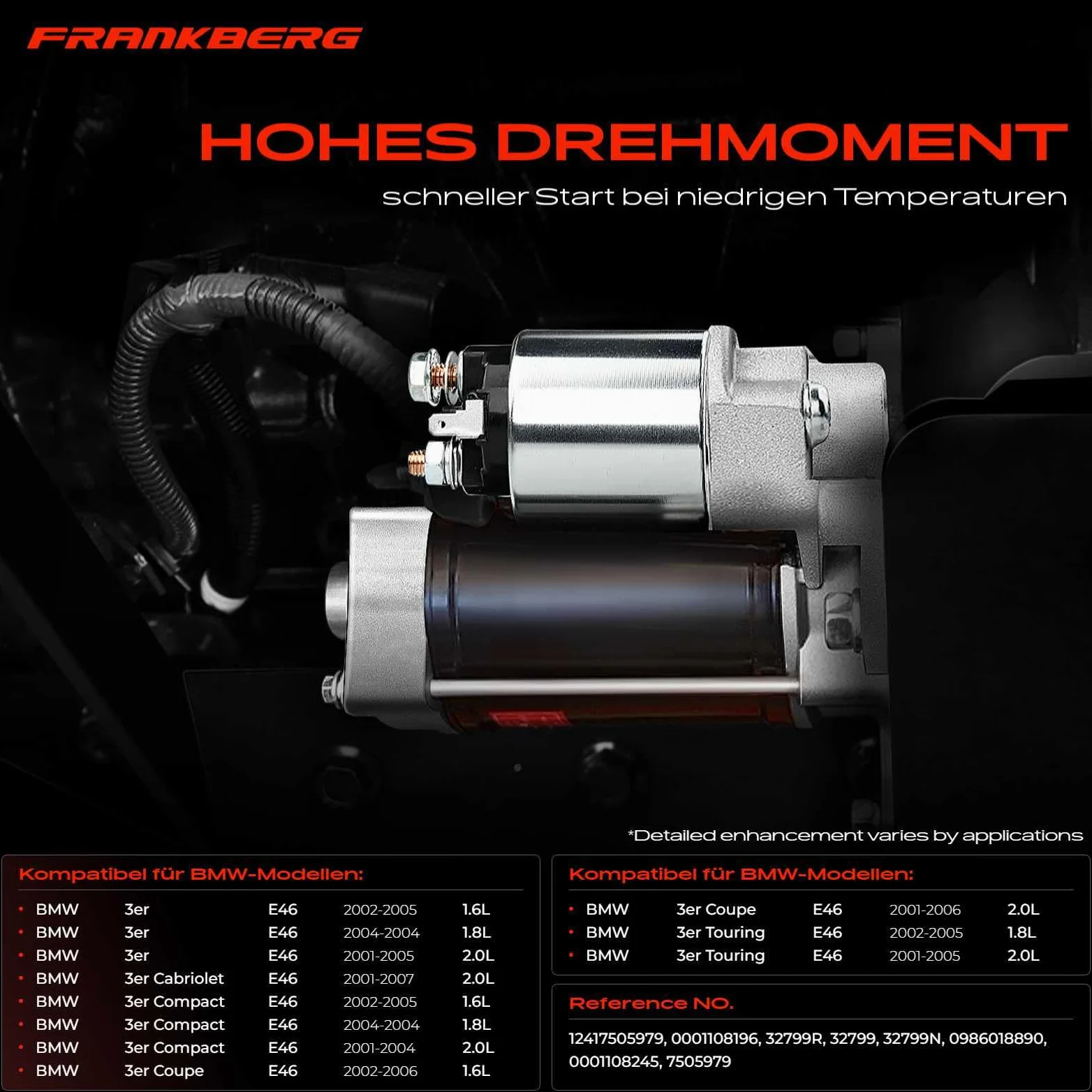 Frankberg Motor de arranque para automóvil 1,4 KW/12 V/9 dientes Compatible con Serie 3 Compact E46 316 Ti Serie 3 E46 318i Serie 3 E46 316i Replace# 32799,0001108196