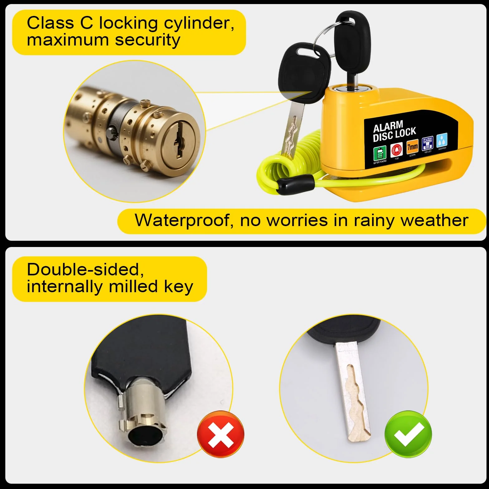Vemfay Candado Moto Disco con Alarma 110 DB, Candado de Freno de Disco con Cable de Recuperación de 1,2 m, Candado de Alta Seguridad para Moto, Ciclomotor, Bicicleta, Scooter