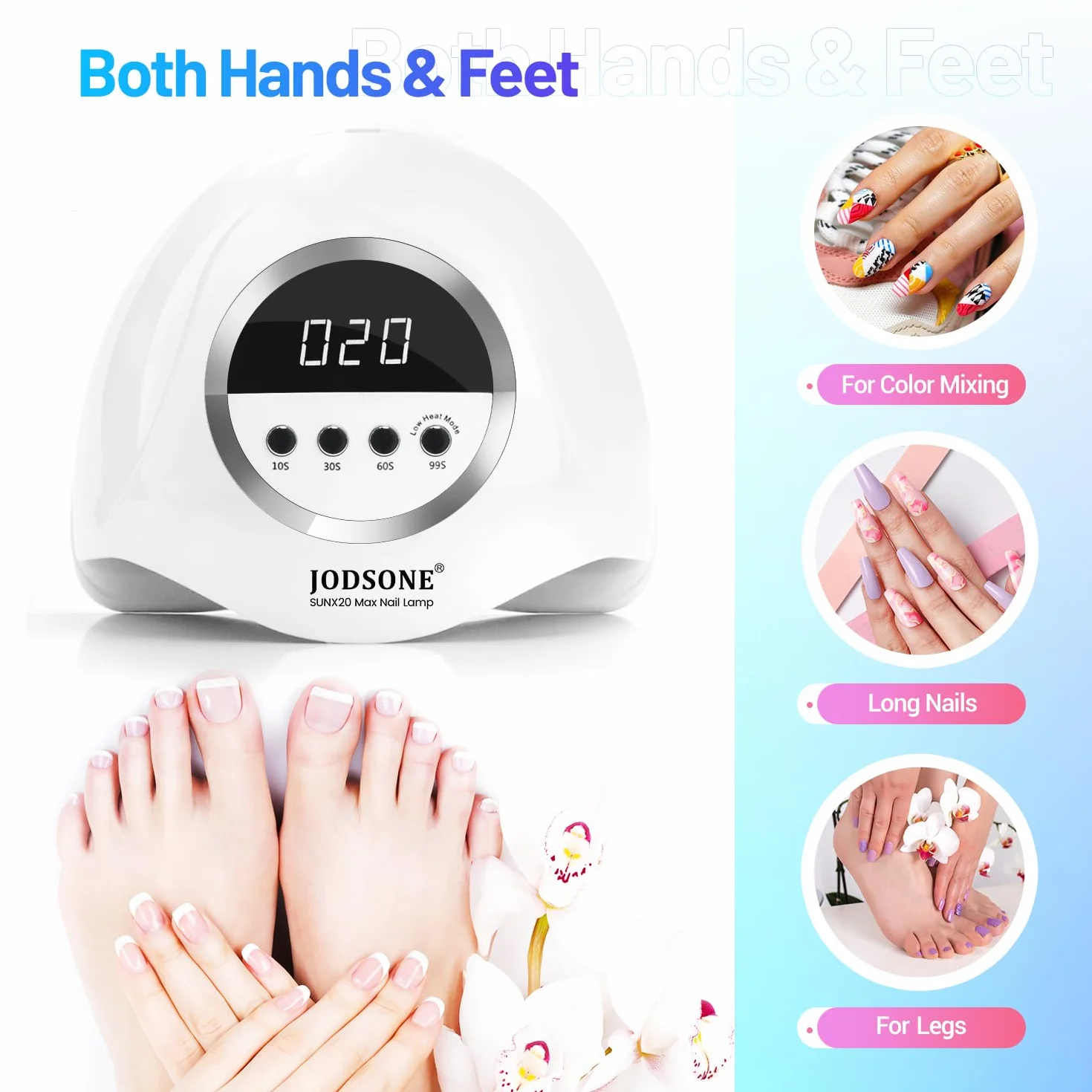 JODSONE Lámpara de uñas UV LED 320W 72 luces duales, 4 temporizadores 10/30/60/99s