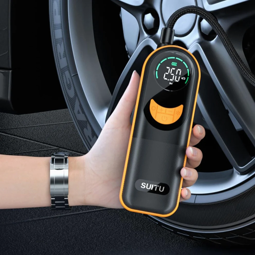 Compresor de Aire portátil inalámbrico para Coche, Delgado, Potente | fácil de usar, con luz LED y bajo nivel de ruido. Bomba infladora de neumáticos para coche con luz LED.