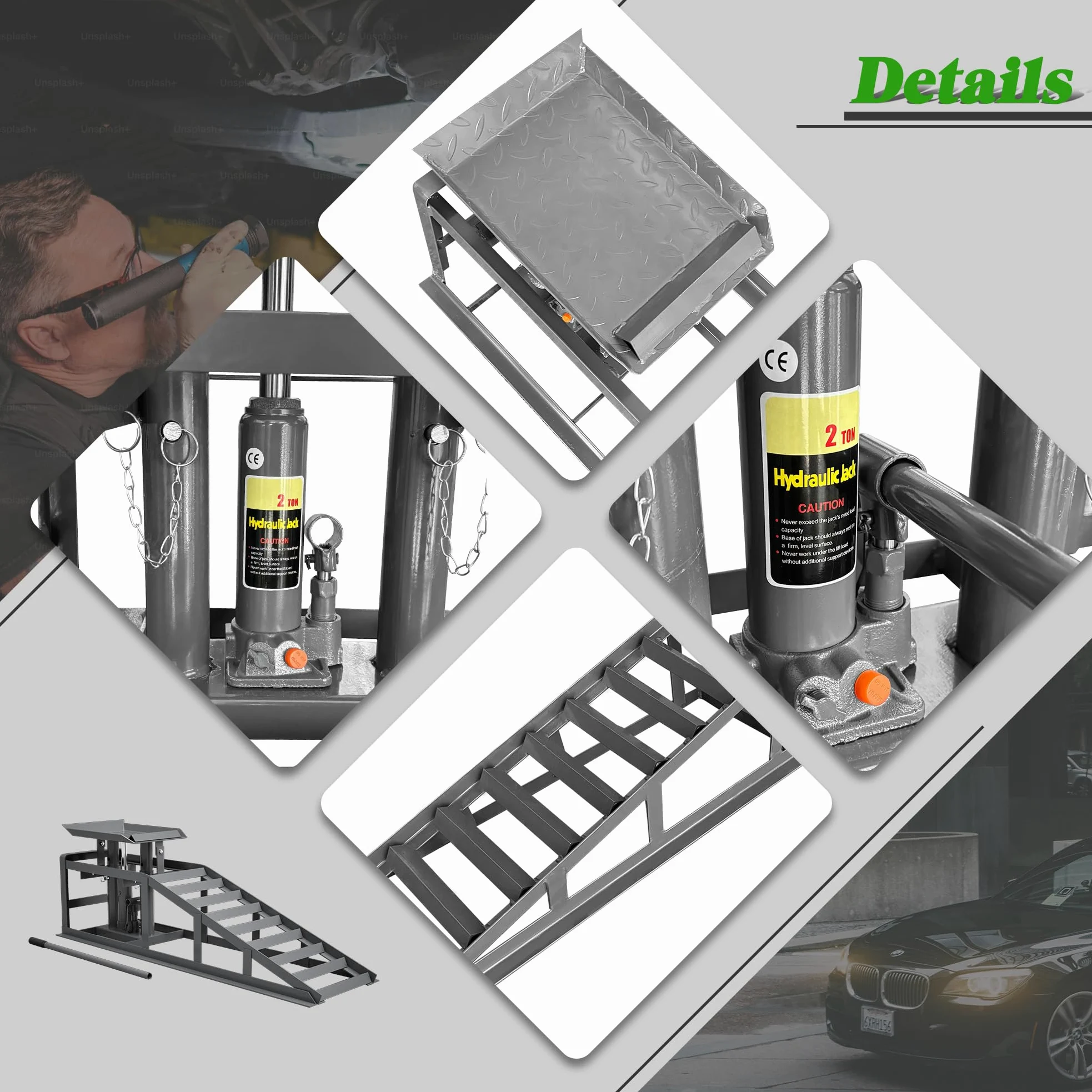 Juego de 2 rampas de carga para coche, altura regulable, plataforma elevadora, rampa de carga estable para mantenimiento y reparación, color gris