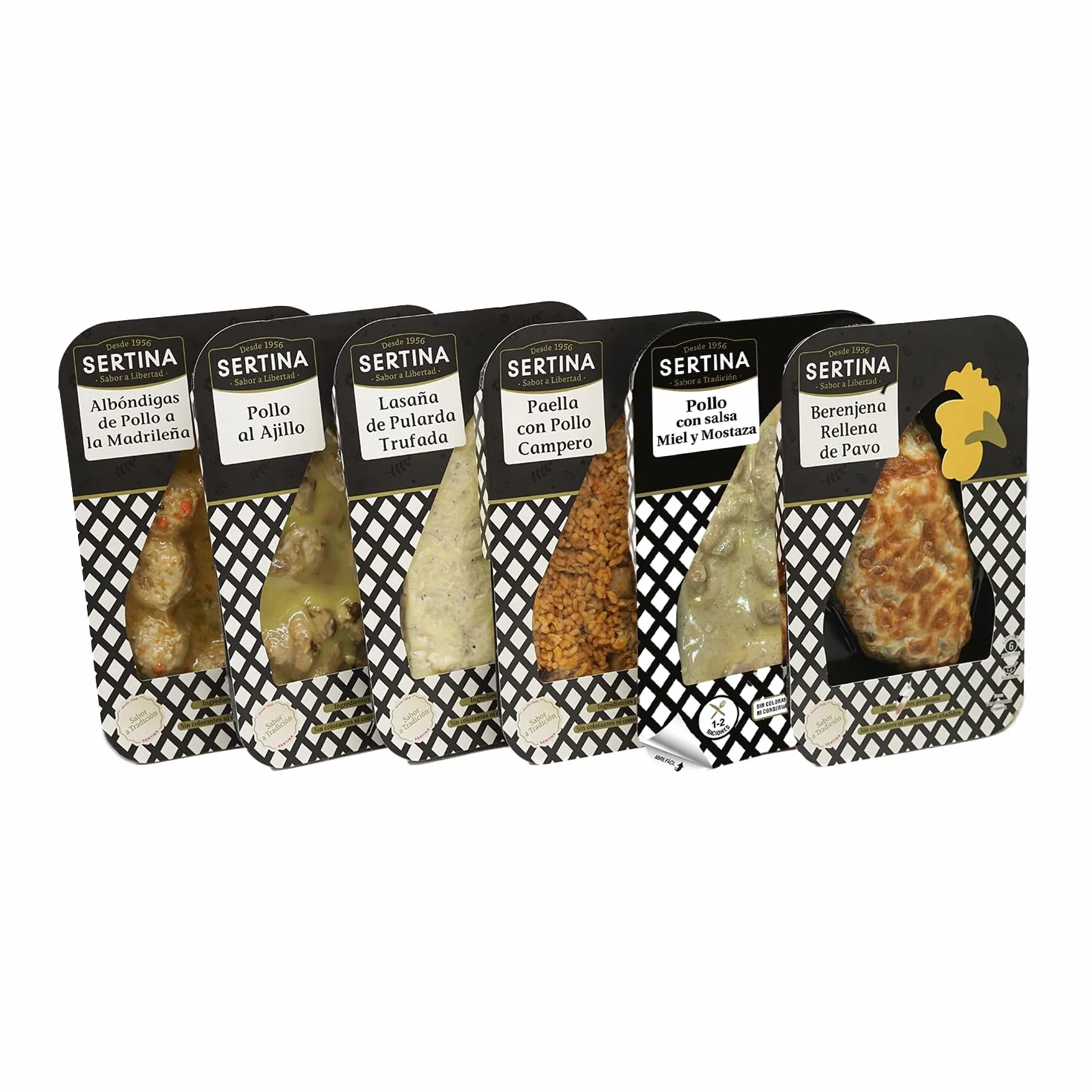 Sertina Platos Preparados Gourmet Pack SURTIDO MIX 6 x 350g - Pollo con miel y mostaza, al ajillo, Lasaña Pularda, Albóndigas a la Madrileña, Berenjenas Rellenas, Paella Valenciana
