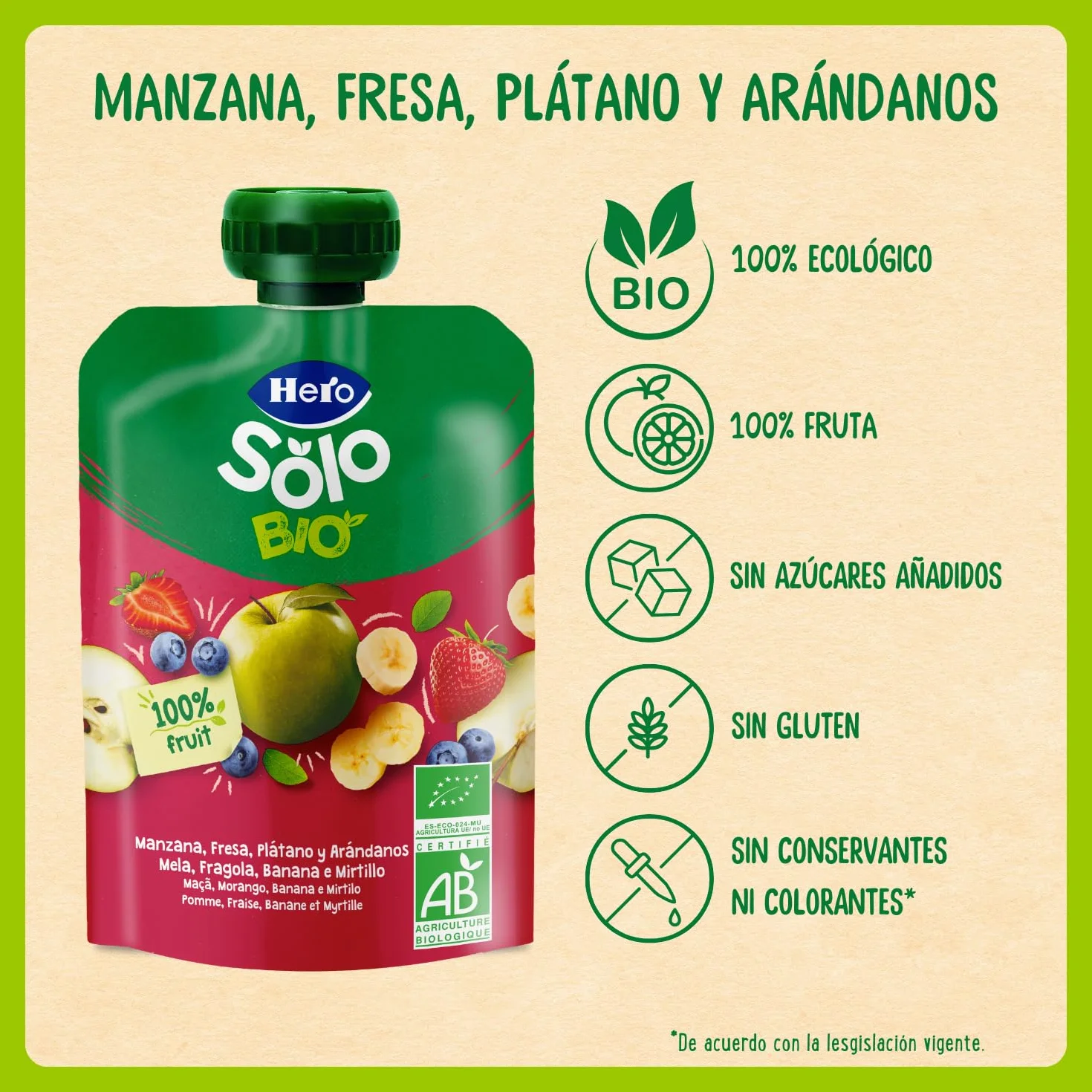 Hero Solo Bolsitas Ecológicas Manzana Fresa Plátano Arándanos 18x100g