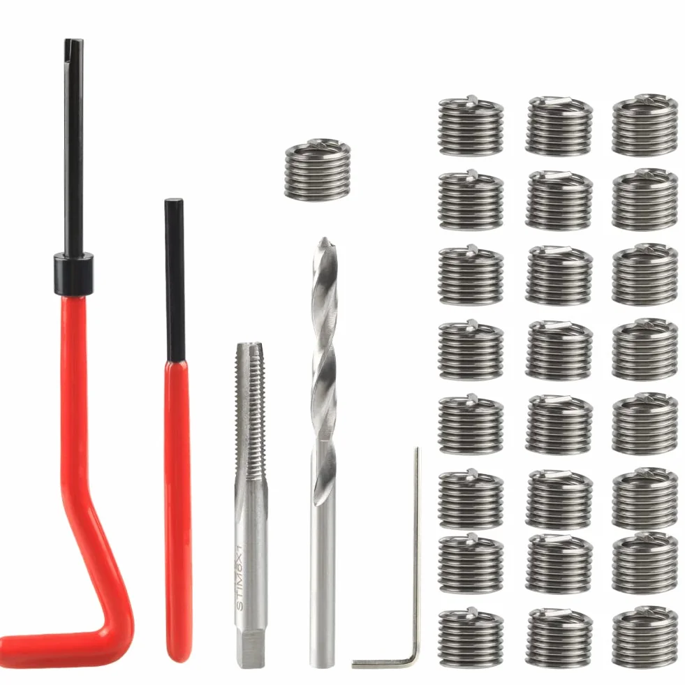 Treki Juego de Reparación de Roscas 30 Piezas M6 Thread Repair Kit Herramientas de Mano HSS Drill Helicoil Kit de Inserción de Reparación de Roscas para Reparación Automóvil
