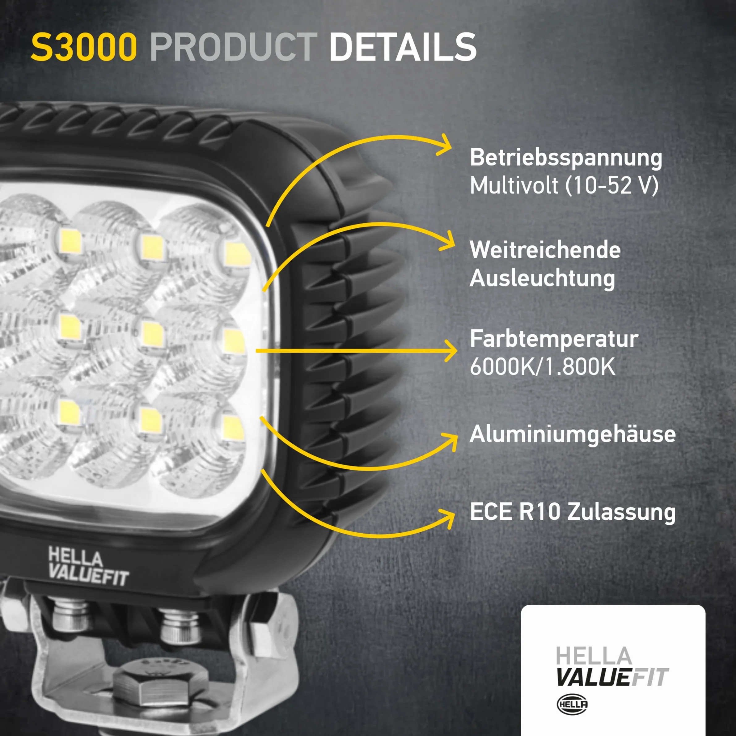 HELLA VALUEFIT 1GA 357 109-012 LED Faro de trabajo S3000 12/24/48V 3000lm Montaje exterior Abrazadera giratoria Largo alcance Cable 800mm