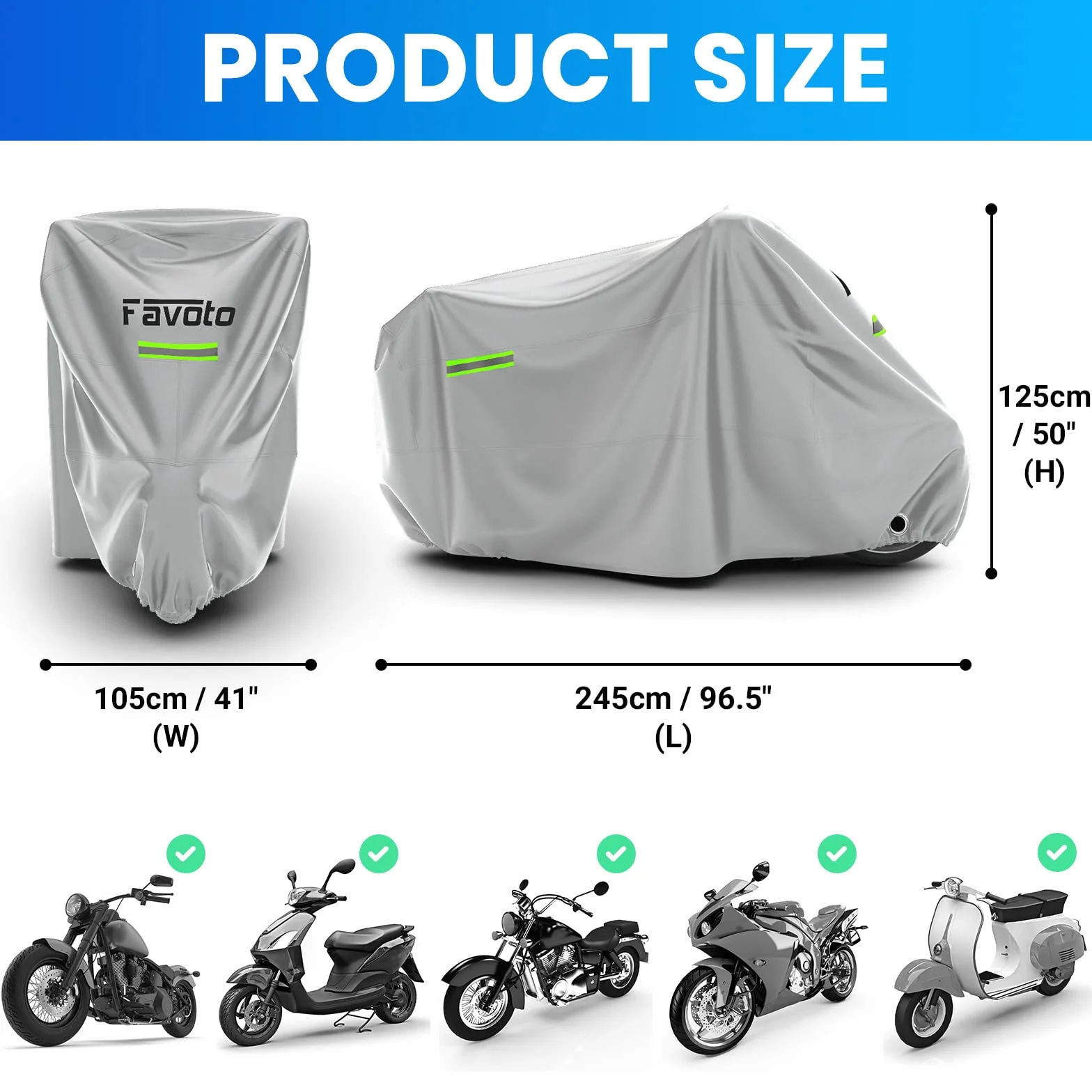 Favoto Funda para Moto Cubierta de la Motocicleta 210D Oxford Sellado Térmico de Costura a Prueba de Polvo Lluvia Viento Hojas Excrementos de Aves al Aire Libre, XXL 245x105x125cm Plata