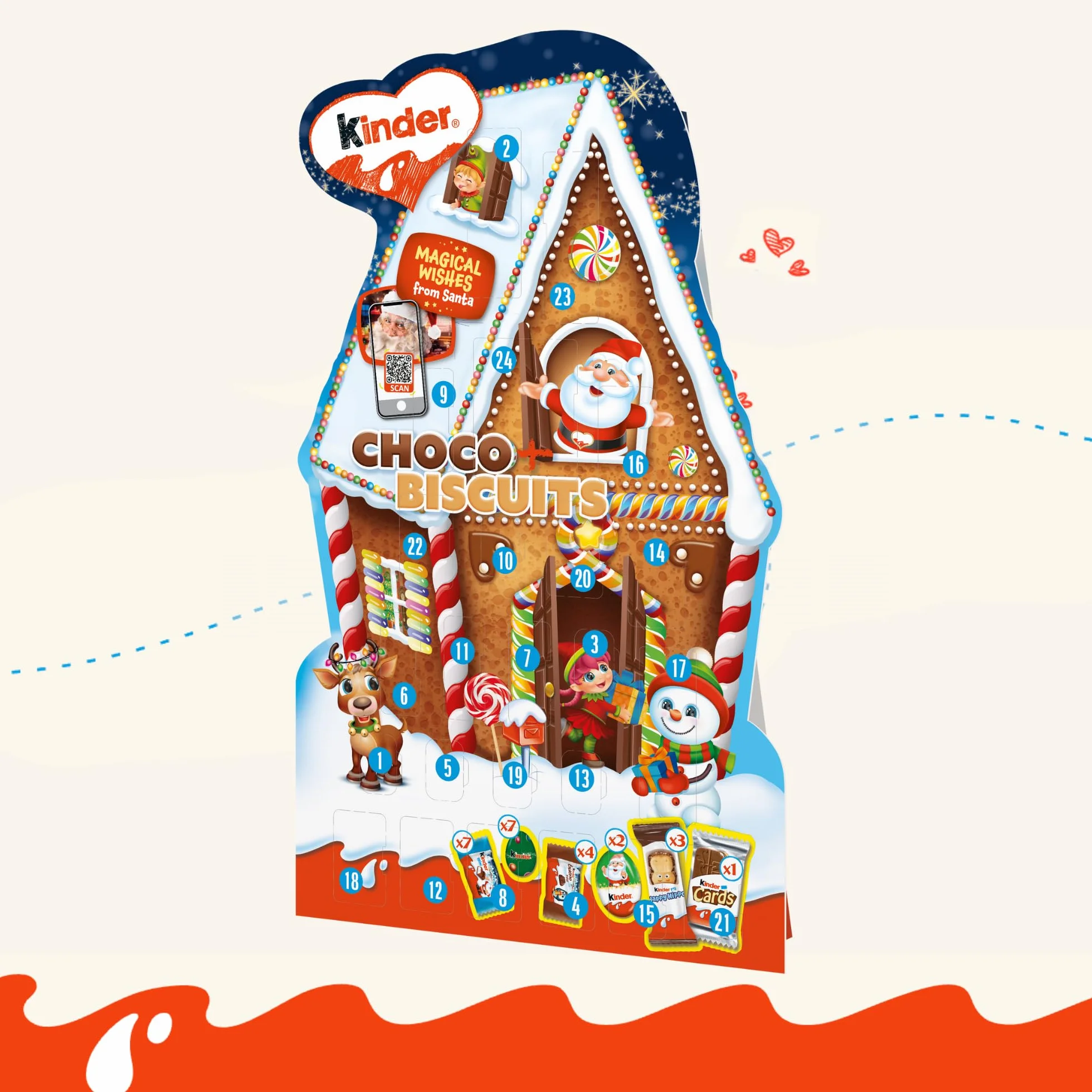 Kinder Biscuits Calendario de Adviento con Chocolates, Postal Navideña, Gorro de Papá Noel, Edición Especial Navidad