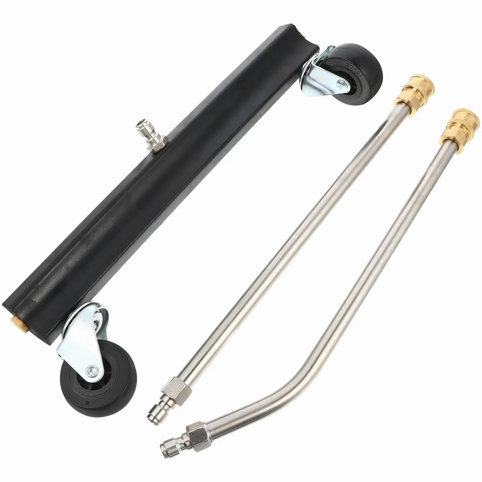 TOYANDONA Cepillo de Limpieza para Bajos de Vehículos Ruedas Giratorias, Acero Inoxidable, Conexión Rápida 1/4, Kit Barra Recta y Curva, Accesorio para Hidrolimpiadora de Alta Presión,