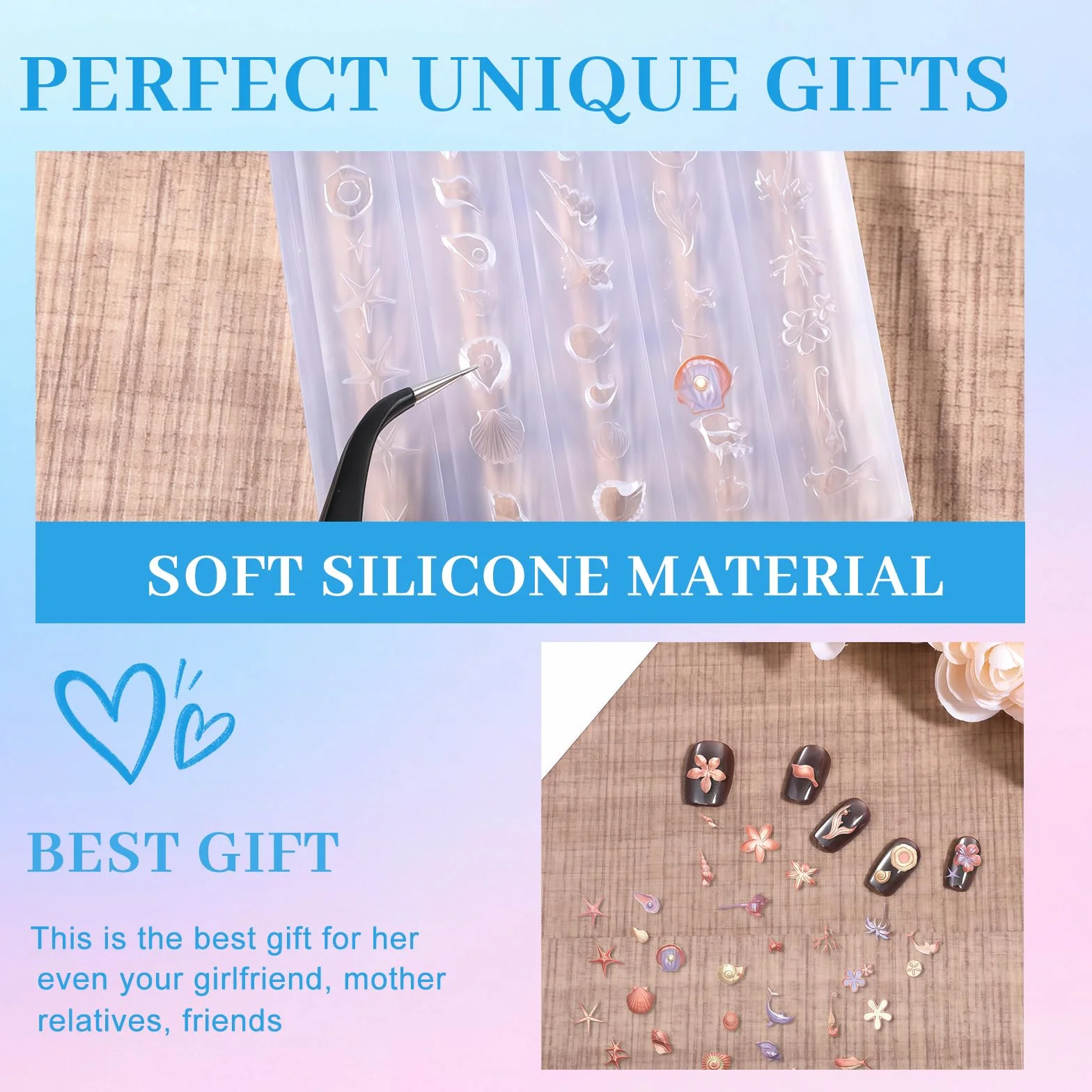 3D Gel Nail Art Mold Set Verano Mar & Conchas DIY Accesorios Uñas Flexible Transparente