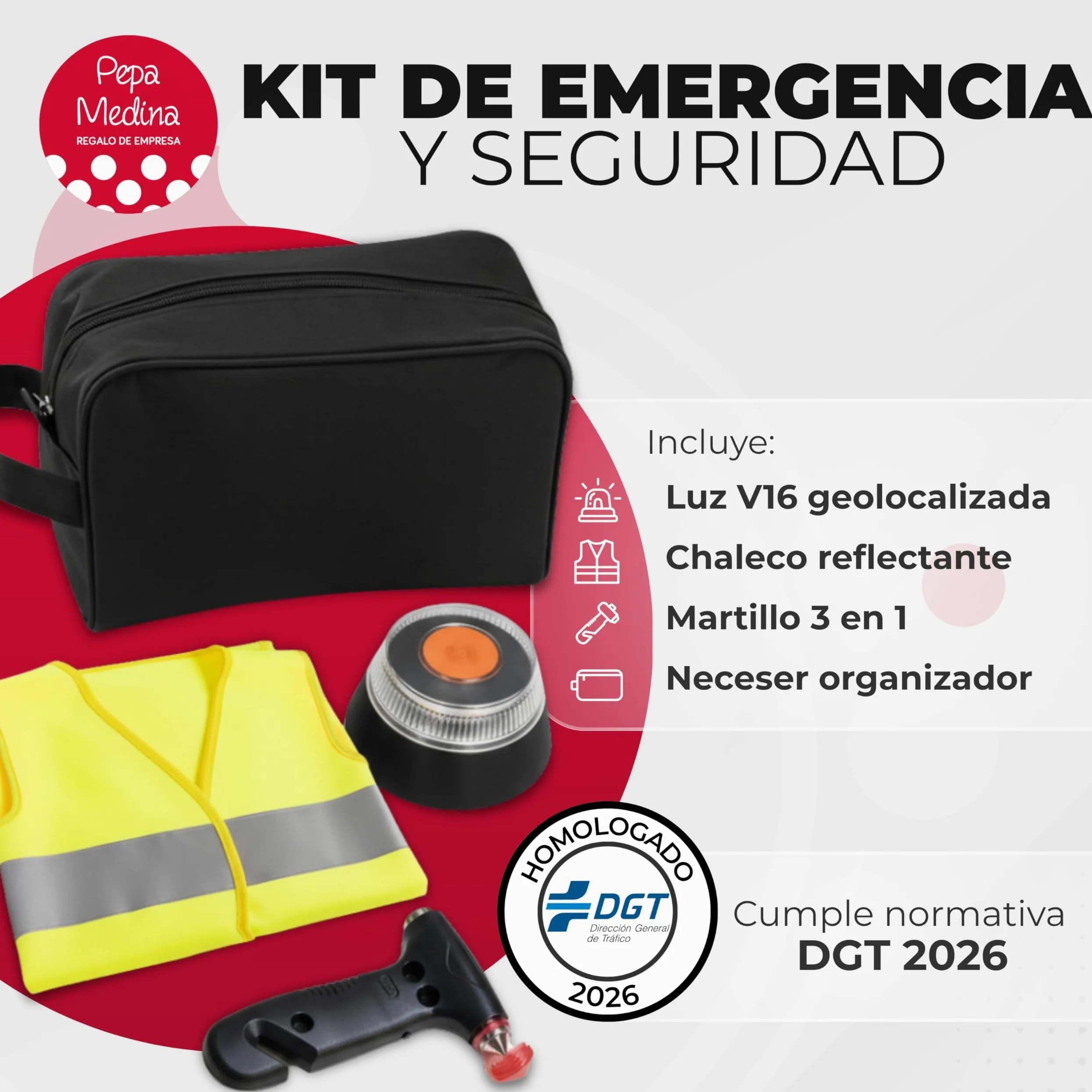 Kit Emergencia y Seguridad para Coche con Luz V16 Geolocalizada Homologada DGT 2026, Chaleco Reflectante, Martillo Multifunción, Cuchilla Cortacinturones, Linterna LED y Neceser Compacto