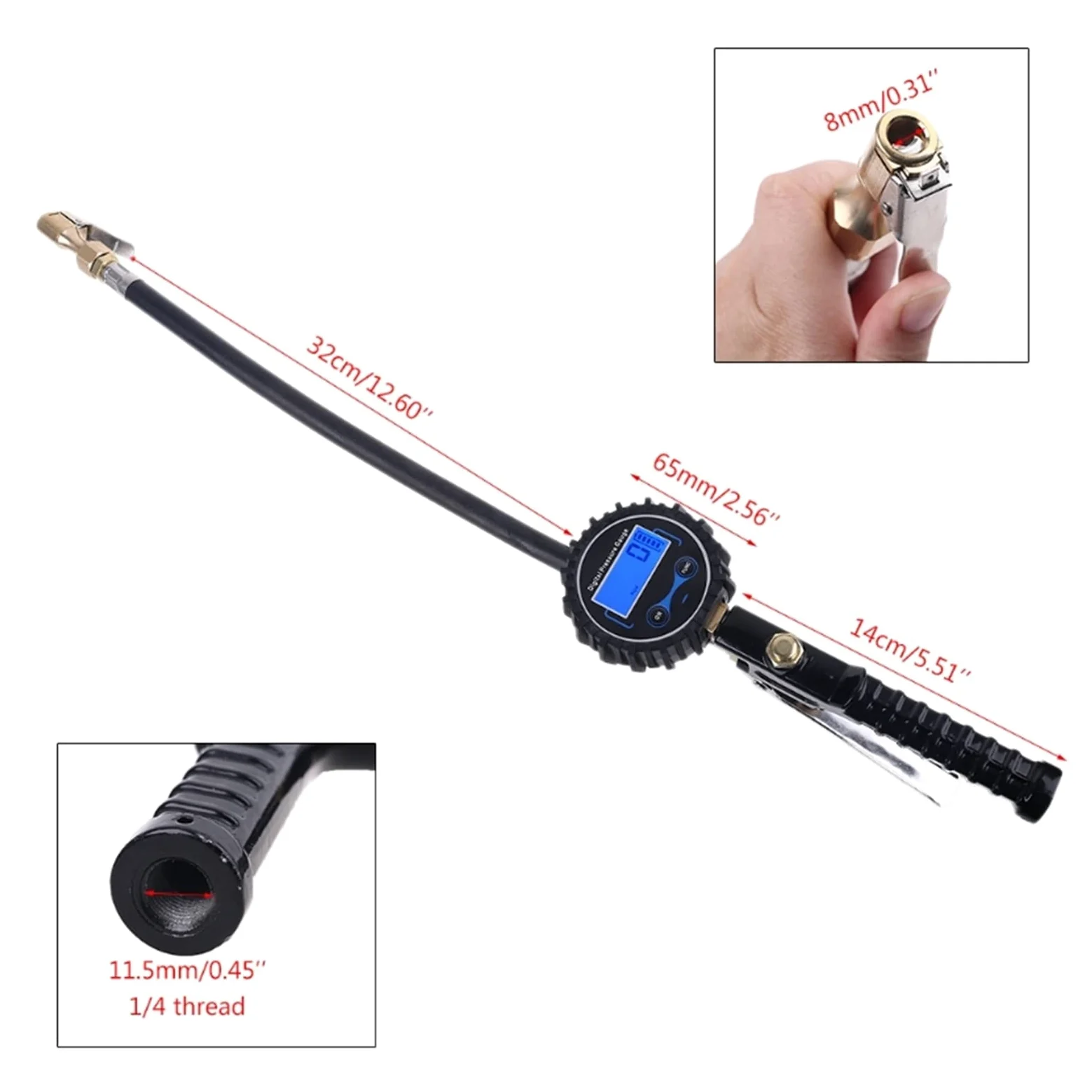 Manómetro de presión neumáticos, Mandril Aire 200 PSI, inflador Digital con 1/4" for automóviles, Motocicletas, Bicicletas y vehículos