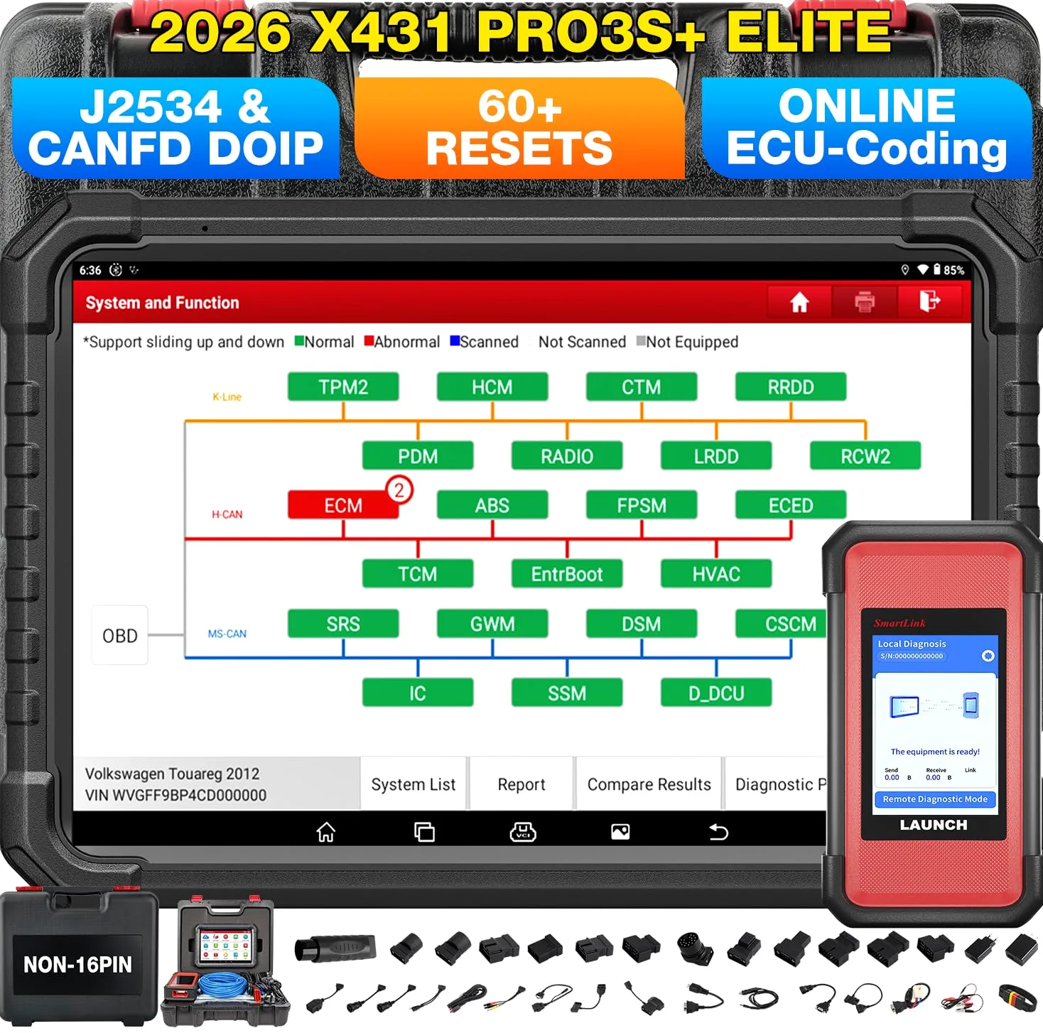 LAUNCH X431 PRO3S+ Elite SmartlinkC OBD2 Herramienta Diagnosis Coche en Español con Sistema Completo, Bidireccional Diagnóstico, 60+ Reinicio ECU Codificación FCA OE Topológico CANFD/DOIP/J2534