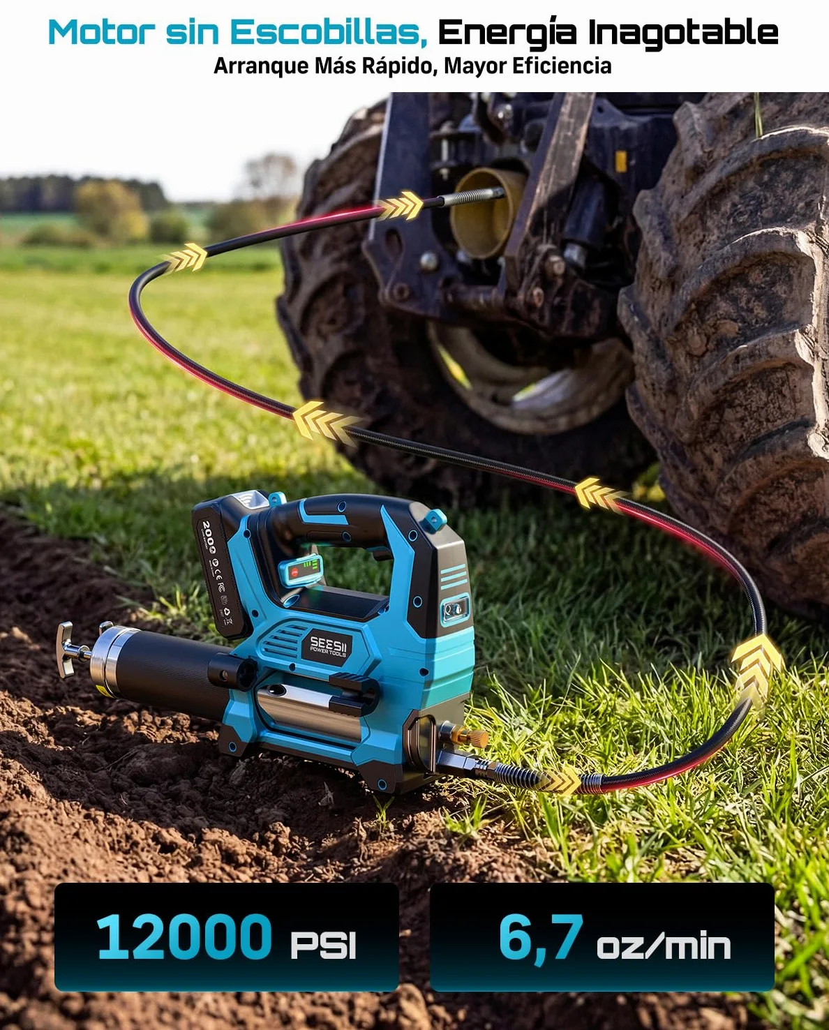 Seesii 12.000 PSI Engrasadora Batería con 2 Baterías, 3 Velocidades | Manguera de 1.2m, Acoplador de 90°, 3 Boquillas, Compatible con la batería Makita, Motor Brushless, para Equipos Pesados