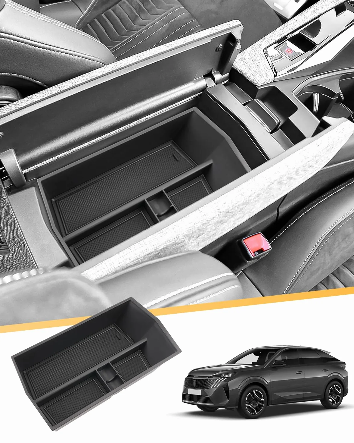 LFOTPP Caja de almacenamiento para consola central compatible con Peugeot E-3008 E-5008 EV GT Allure 2024 2025, E3008 P64, organizador de reposabrazos, bandeja para reposabrazos central, guantera