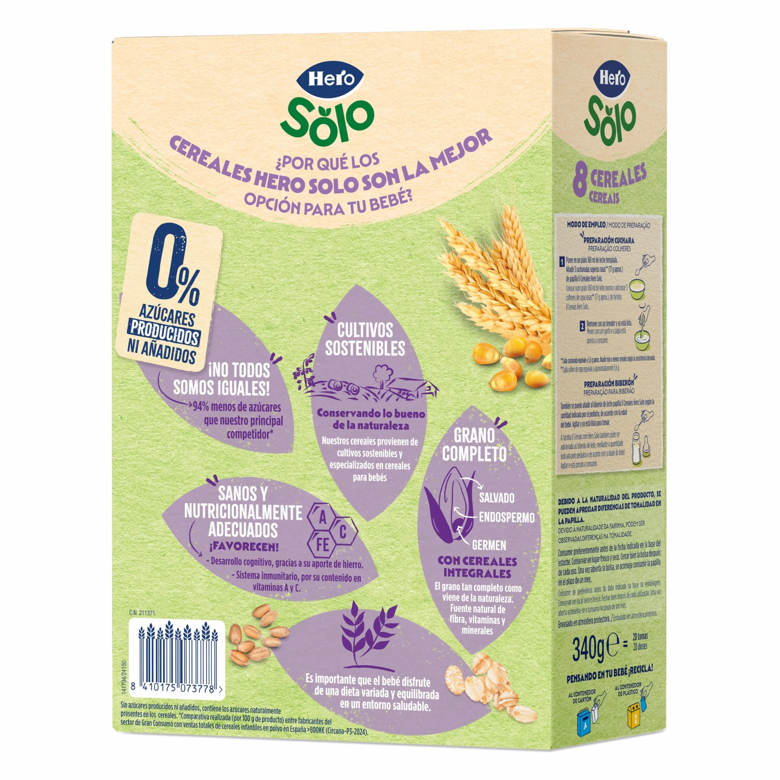 Hero Solo Papilla 8 Cereales Sin Azúcares Añadidos para Bebés a partir de 6 meses