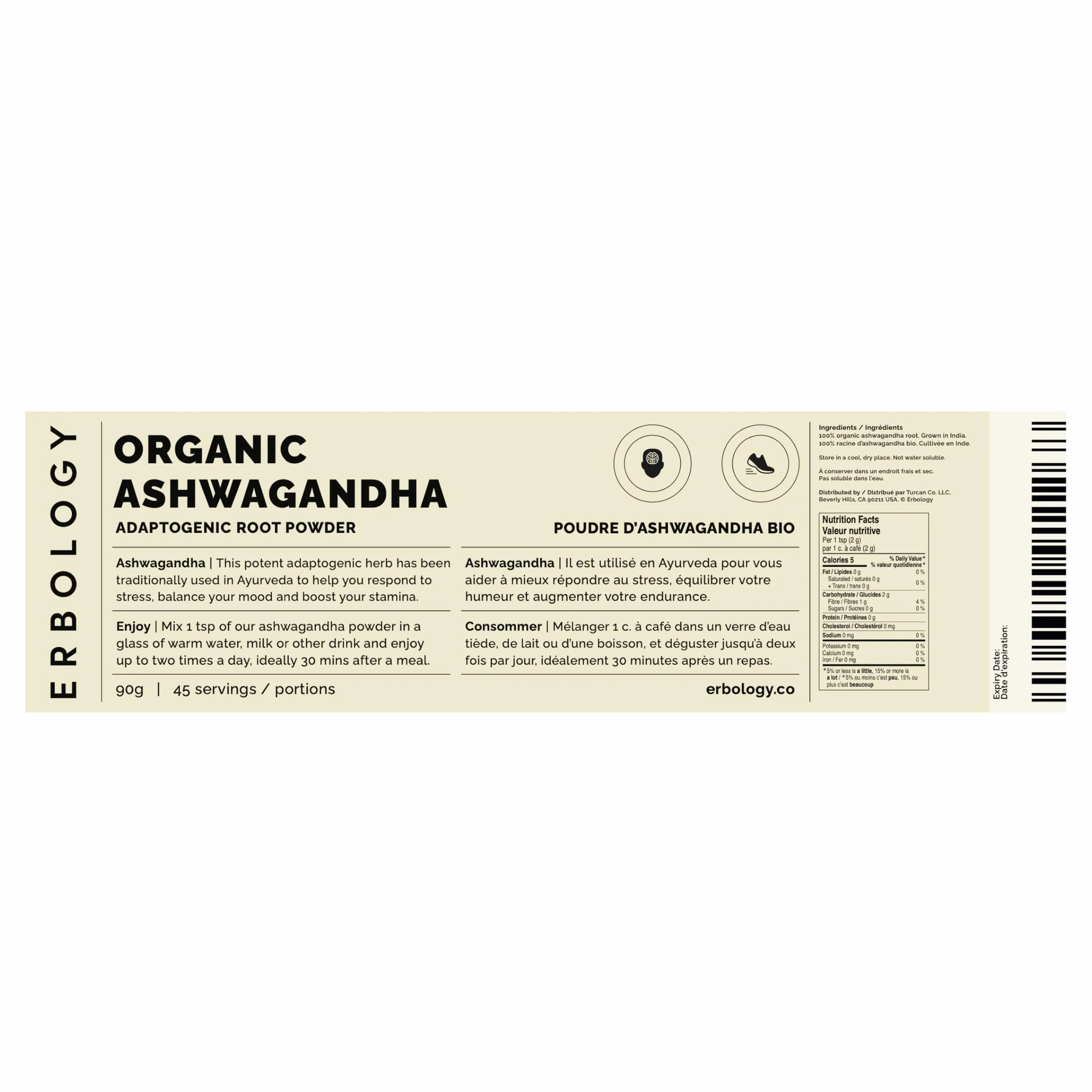 Erbology Ashwagandha en polvo orgánico 90 g – 45 porciones – Rico en Withanólidos – Vegano
