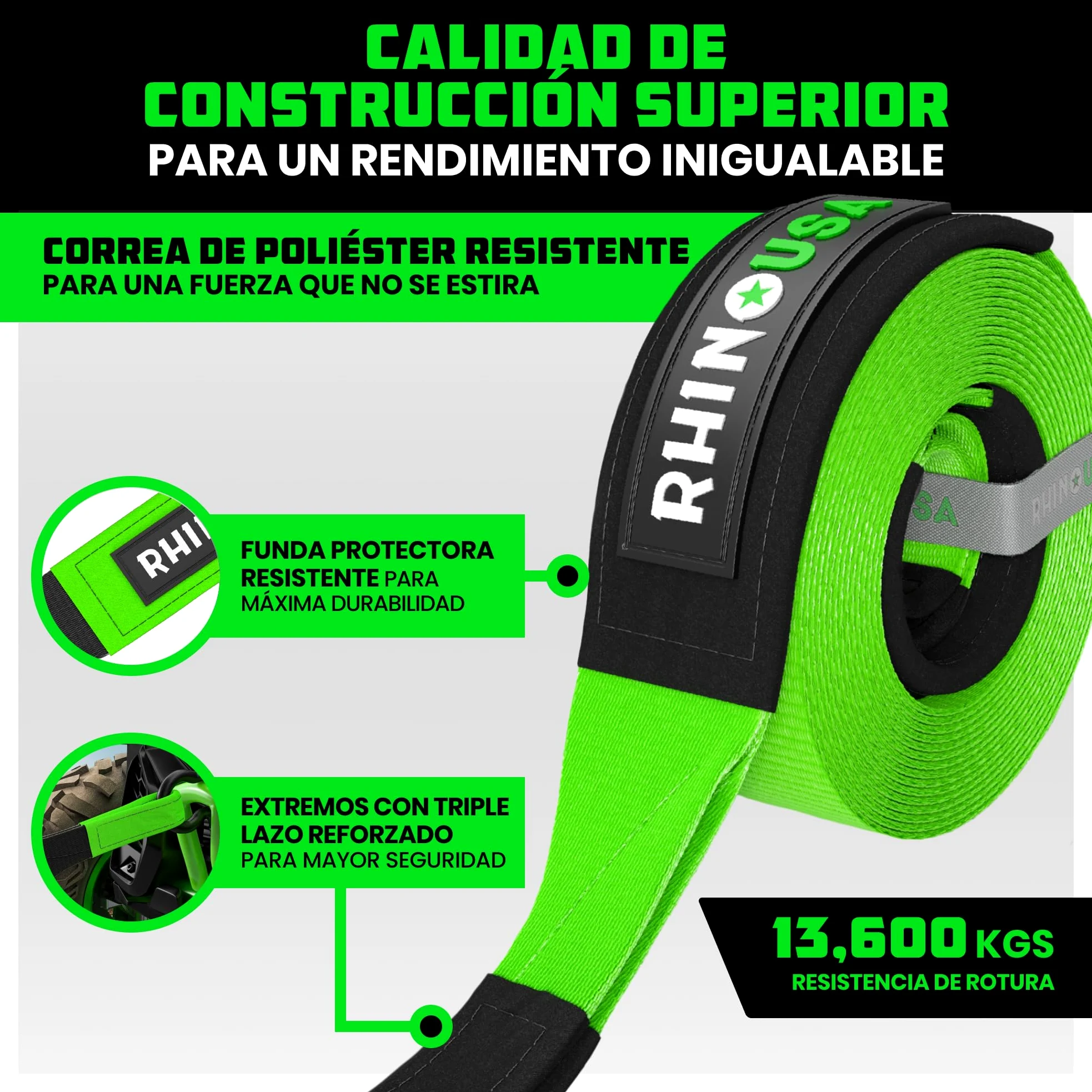 Rhino USA Correa de Remolque 7,6cmx9,1m 13.600kg Cuerda de Recuperación Heavy Duty Verde