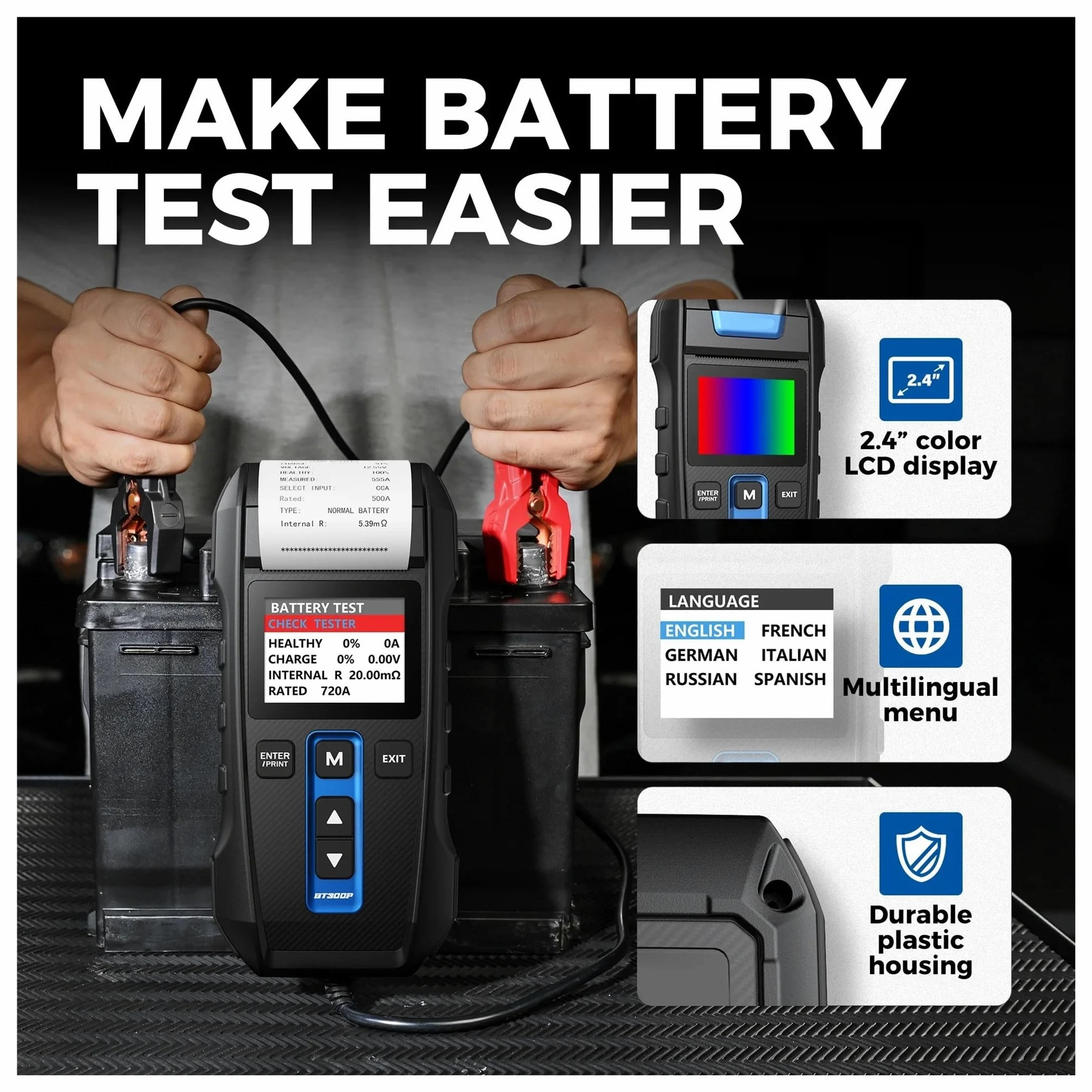 Comprobador de batería BT300P con Impresora, Prueba Carga Coche 12 V for Motocicleta, analizador Arranque y automática