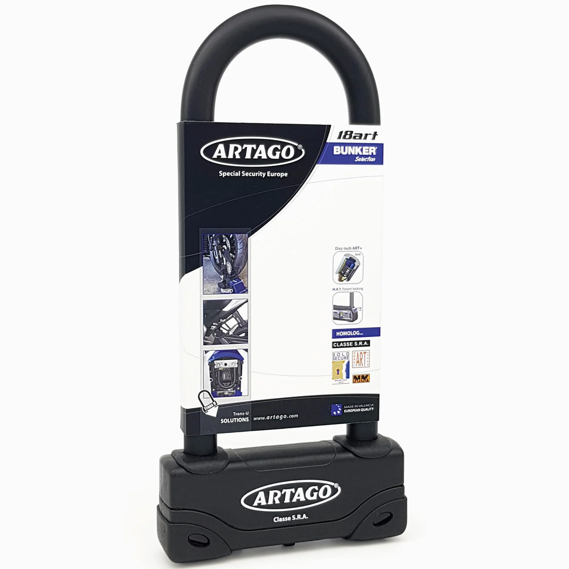 ARTAGO 18ART270 Candado Moto Alta Gama, Antirrobo U Nivel BUNKER Homologado SRA, Sold Secure Gold, ART4, Puro Acero Endurecido 18mm, Doble Cierre Blindado, Cerradura con Disco 5mm Anti-Taladro, 85x270
