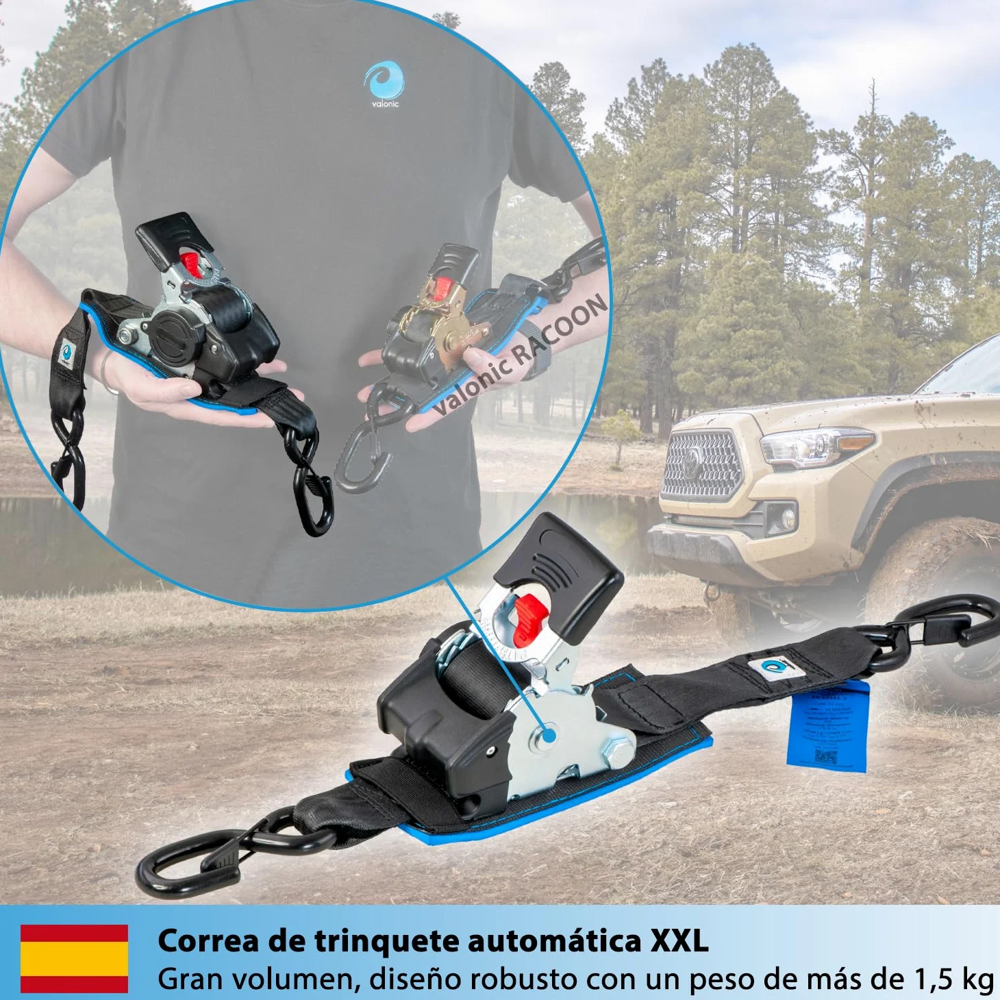 valonic Tanuki - 2X 3m XXL eslingas automáticas con carraca y Gancho, 50mm, 650/1300 Kg, Acolchado, EN-12195-2 - cinchas de Amarre con trinquete, para Sup Board o Moto, Negro