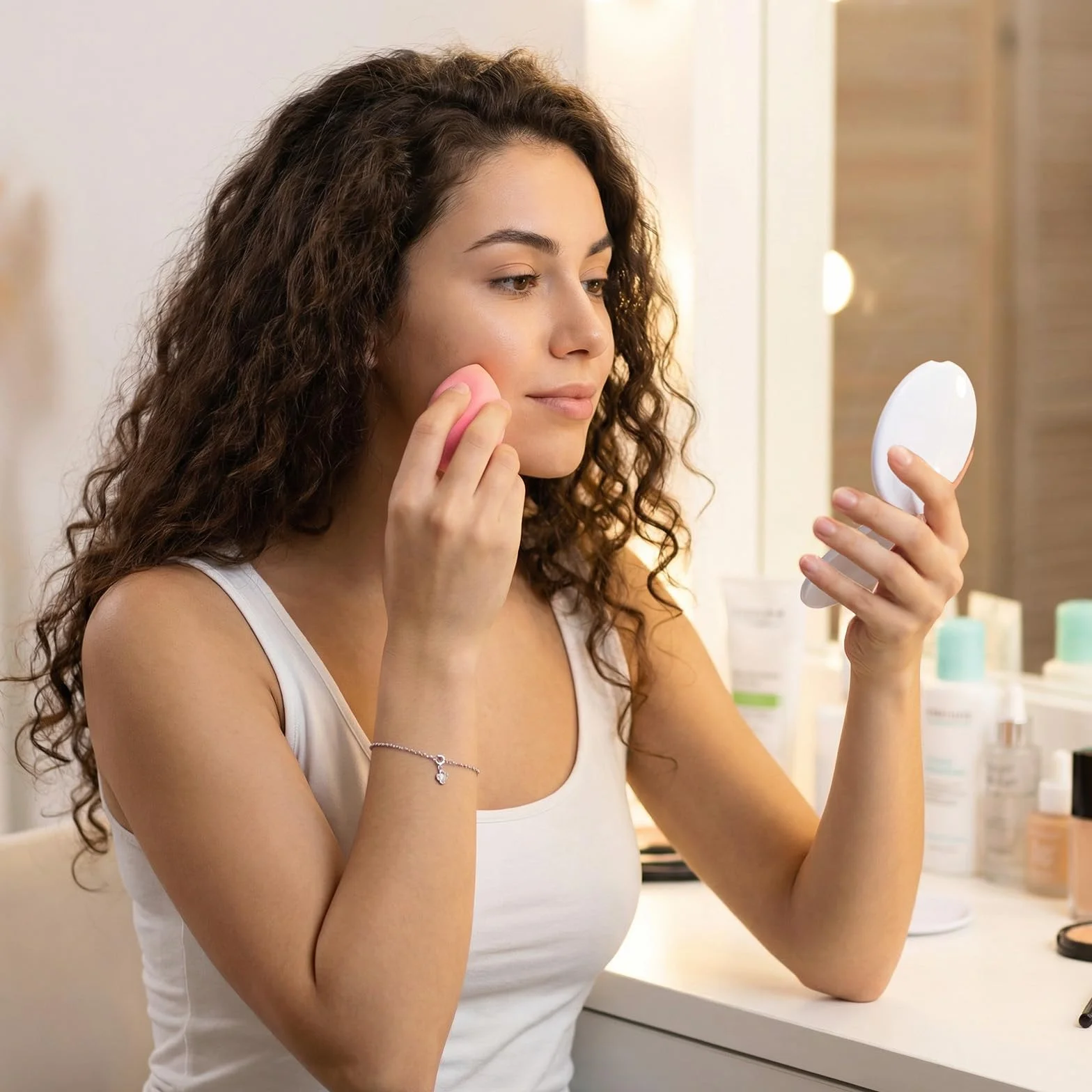 Espejo compacto con aumento 30x, espejo de viaje doble cara plegable pequeño blanco