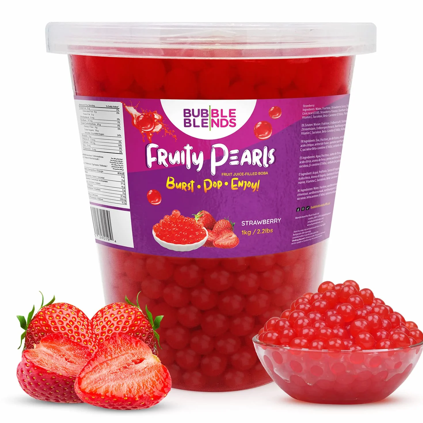 Bubble Blends Popping Boba Fresa 1kg Perlas de Fruta Sin Lácteos Sin Gluten para Bubble Tea
