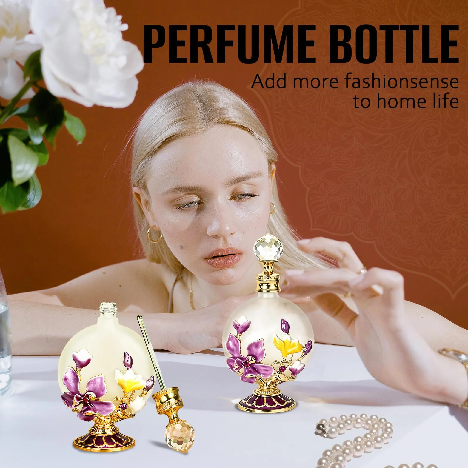 Joyeee Botellas de perfume de vidrio vacías 30 ml con magnolia rosa, frascos portátiles de aceite esencial vintage