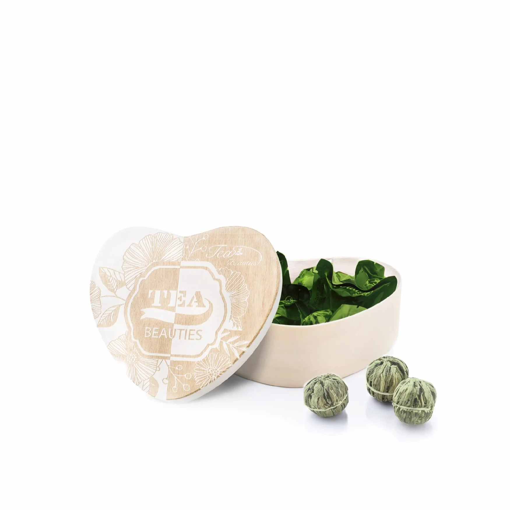 Creano Flores de Té Verde 6 uds Caja de Madera Corazón 6 Variedades Té Verde Aromatizado Regalo