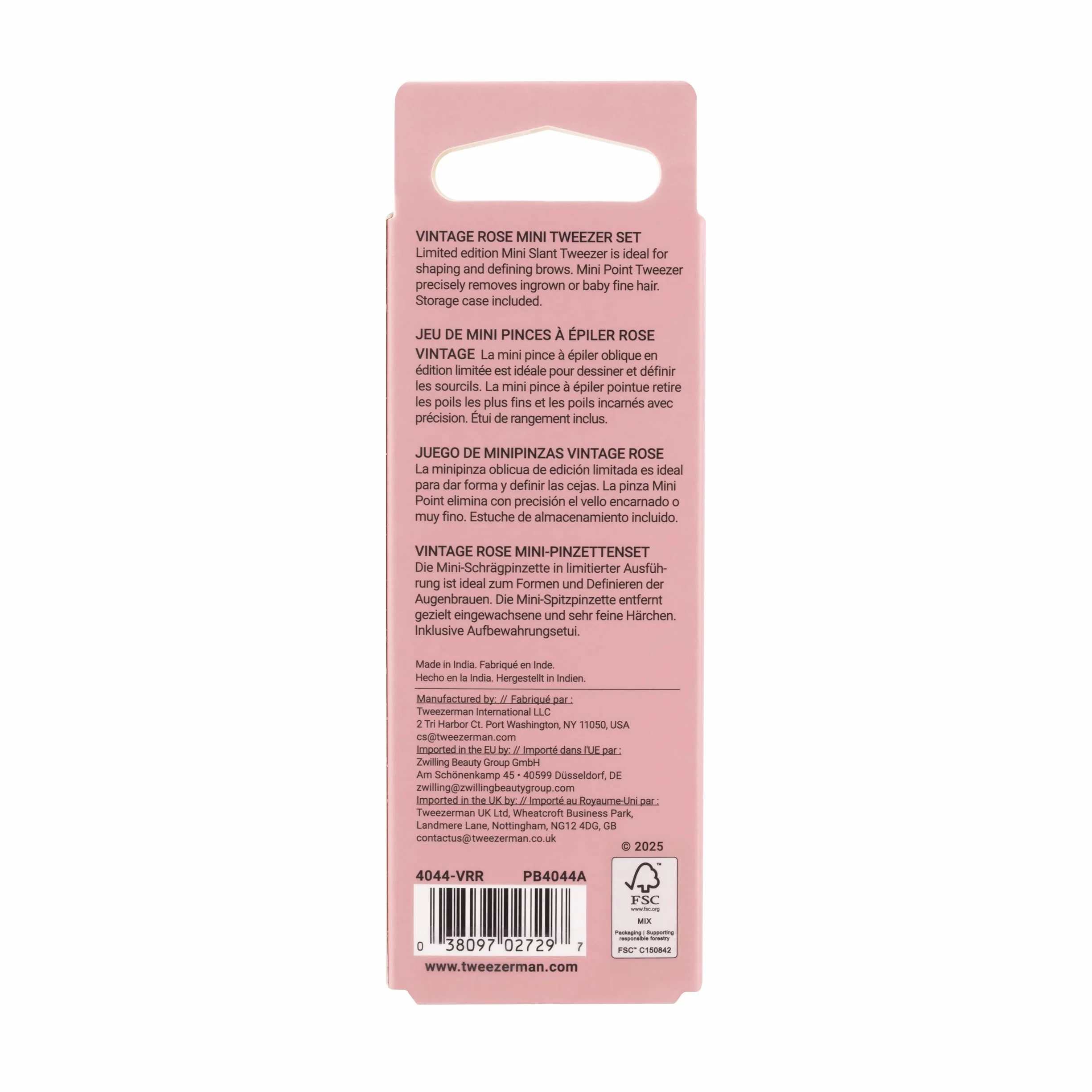 TWEEZERMAN Set de Mini Pinzas para Cejas de Precisión con Funda de Cuero, Vintage Rose