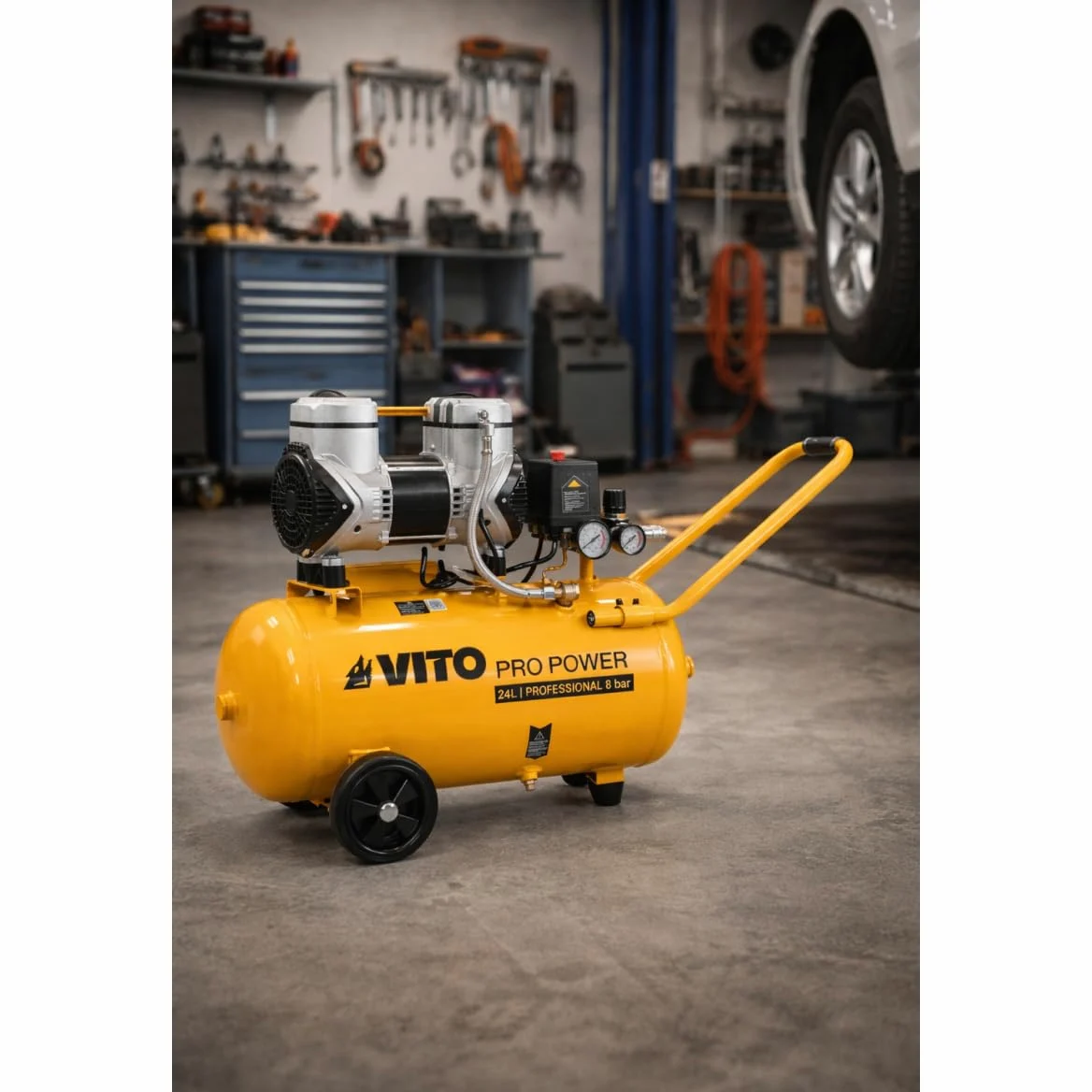 Vito – Compresor de aire portátil silencioso 24L 2CV / 1,5 kW inflador neumáticos para coche, astillero sin aceite, 8 bar