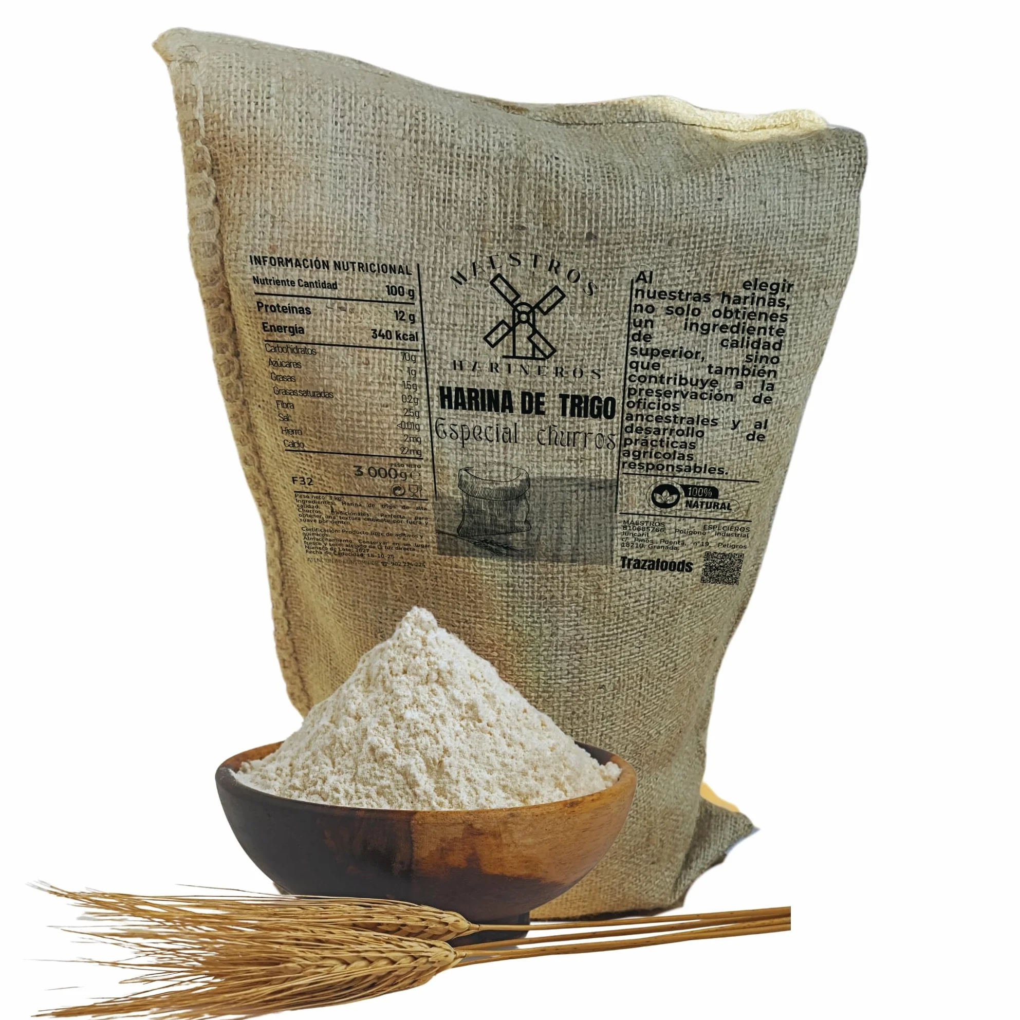 Harina de Trigo para Churros, 3 kg - Maestros Harineros - Granulometría Fina, 100% Trigo Duro