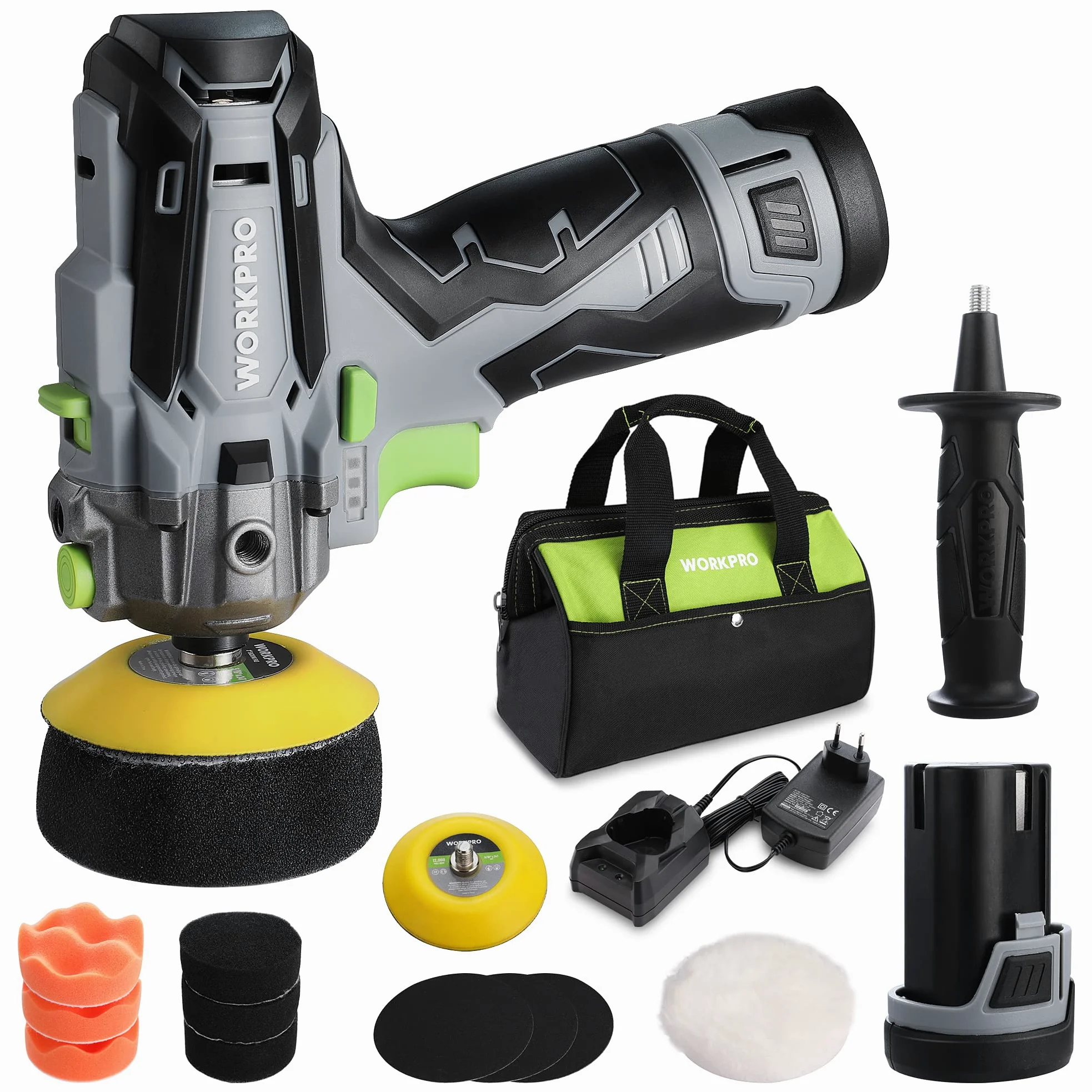 WORKPRO Mini Pulidora Inalámbrica 12V, Máquina de Pulir Coche con 19 Accesorios, 2 Baterías