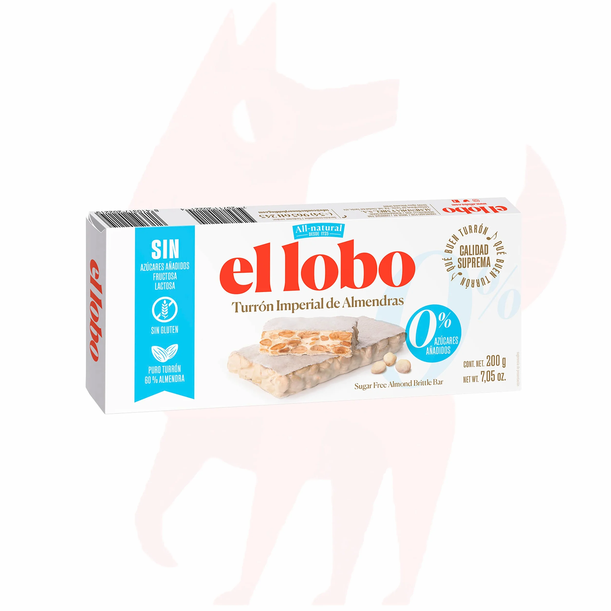 EL LOBO Turrón Duro Imperial Sin Azúcar Añadido Almendra Clara de Huevo 200g