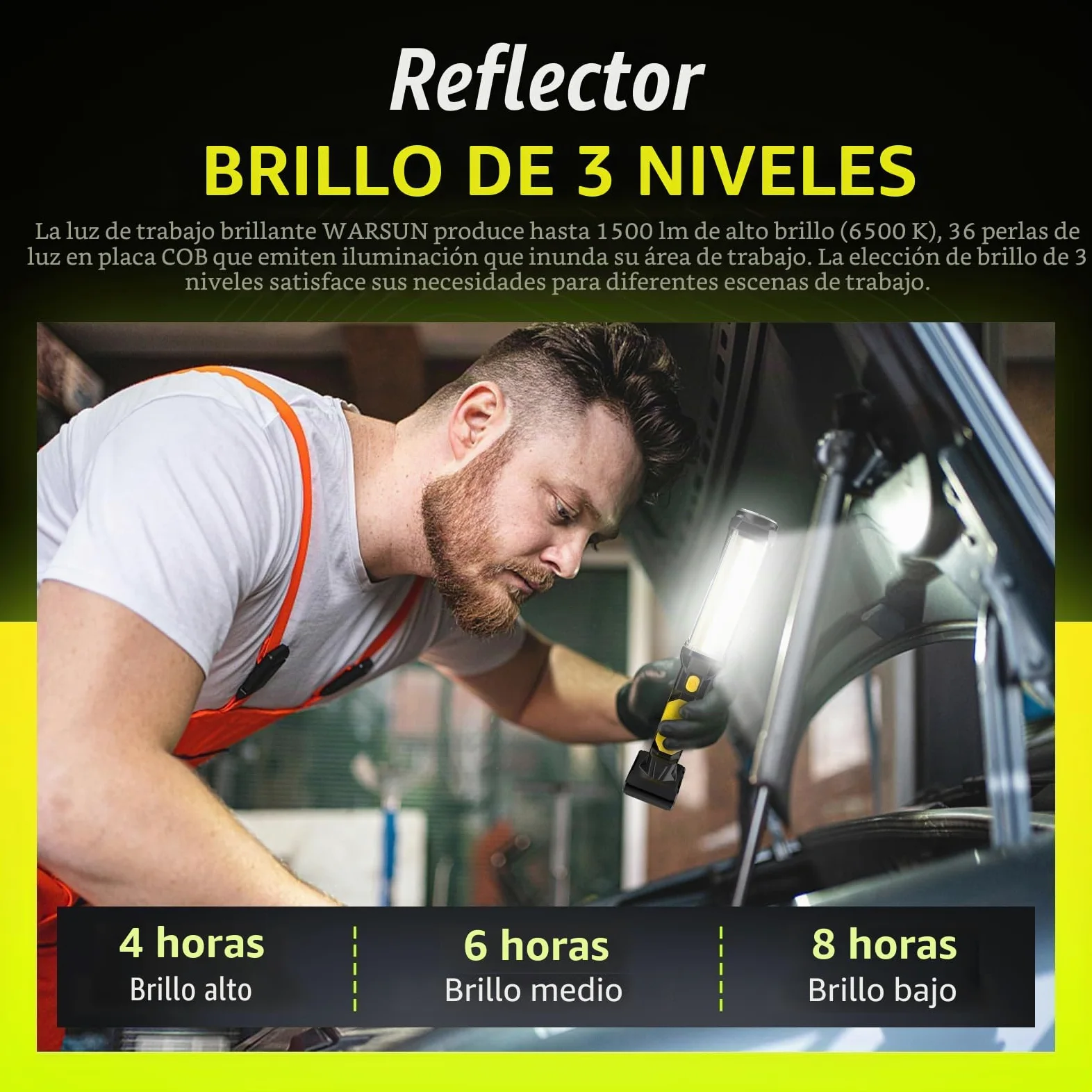 WARSUN 2-Pack Lámparas de Trabajo LED Recargables 1500LM COB con Imán y Gancho Amarillo