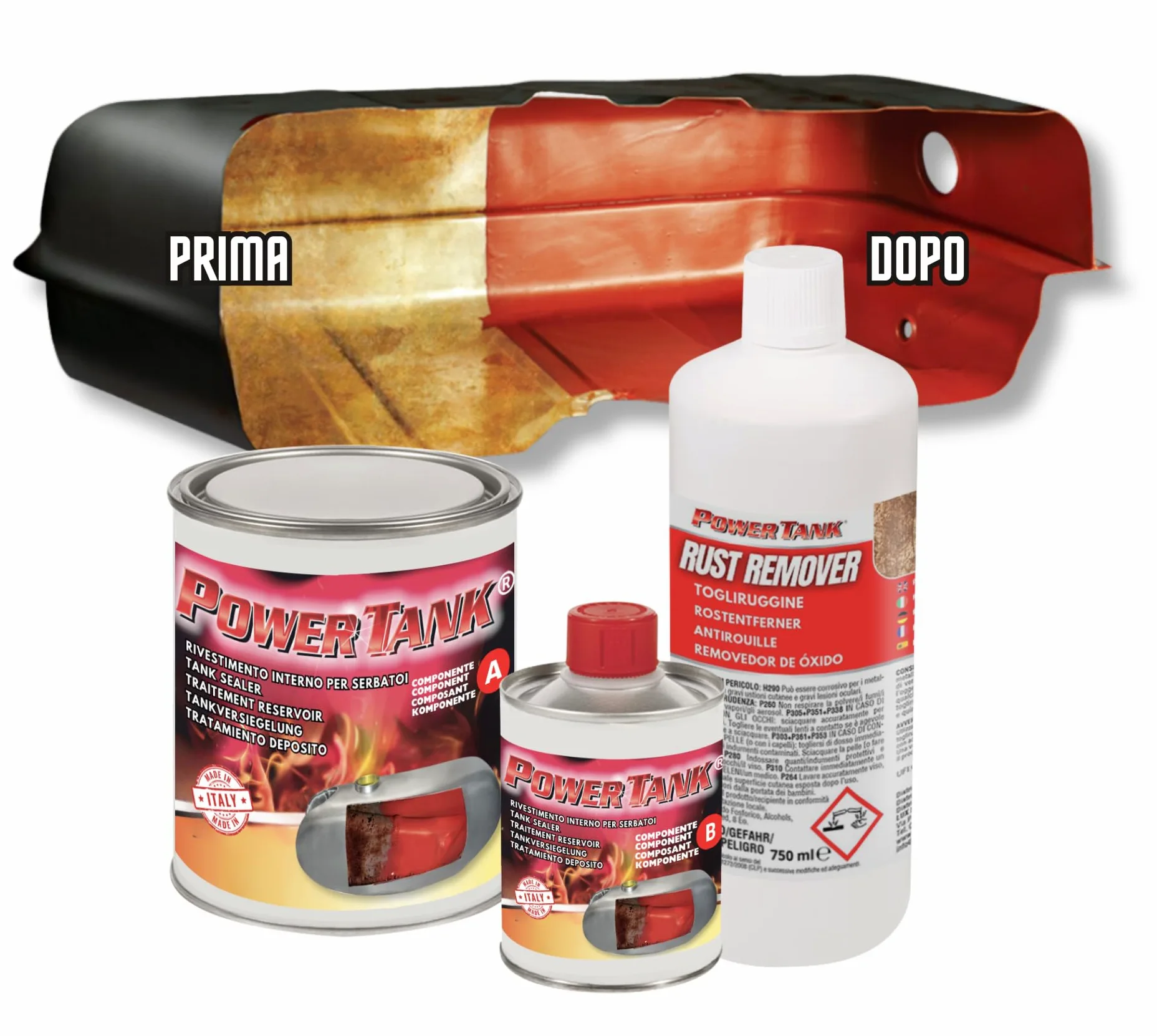 Power Tank - Tratamiento Tanque Deposito Auto (50/55 litros) Kit Grande Rojo 1,3 kg para Interior Tanques de Gasoil y Gasolina Elimina Óxido Repara Protege Tanques Oxidados de Autos, Motos de Época.
