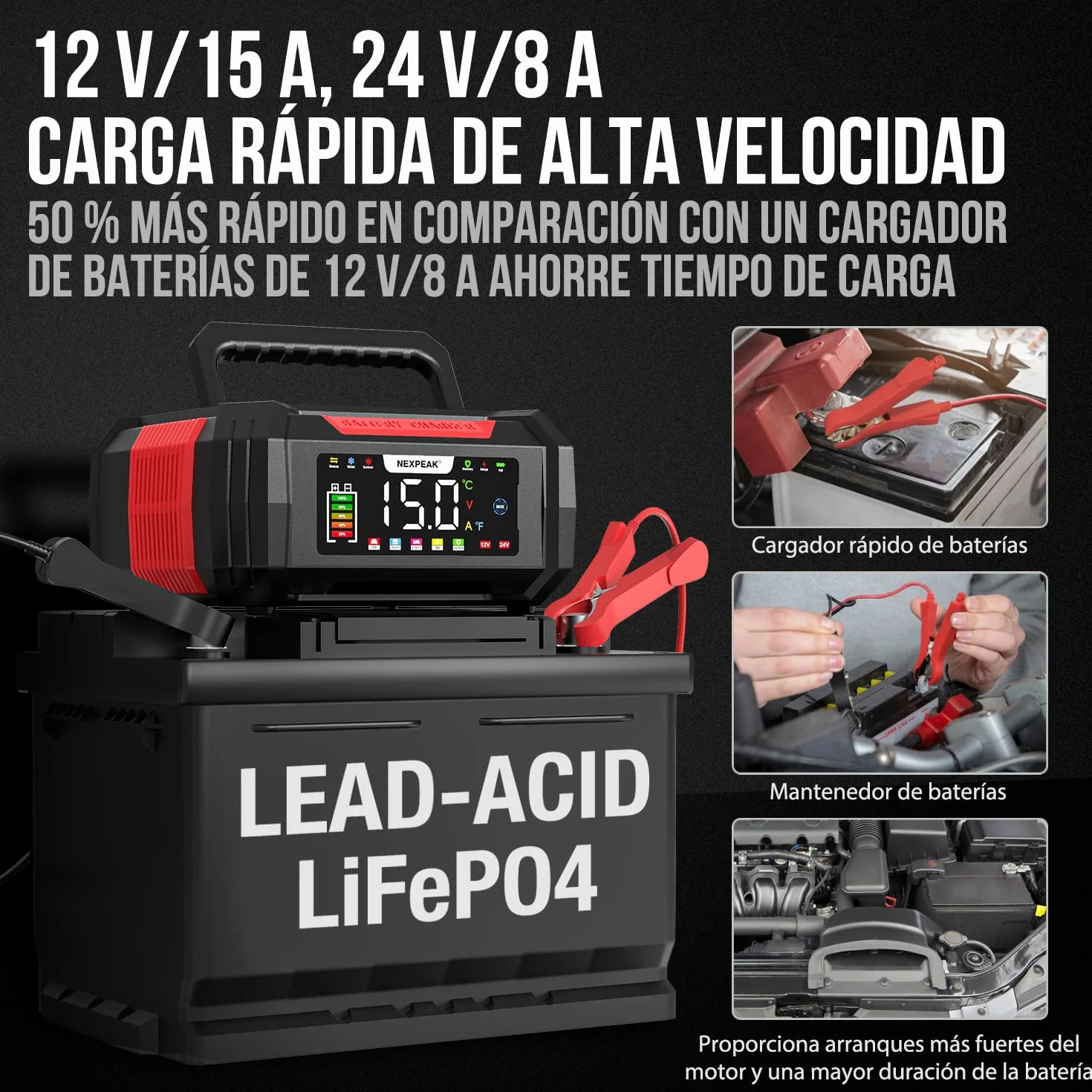 15A Cargador de Batería de Coche, NEXPEAK NC315 12V 24V LiFePO4 Cargador de Batería de Coche Portátil 9-Etapas Batería Inteligente para Coche, Camión, Moto, Cortacésped, Barco, Marina