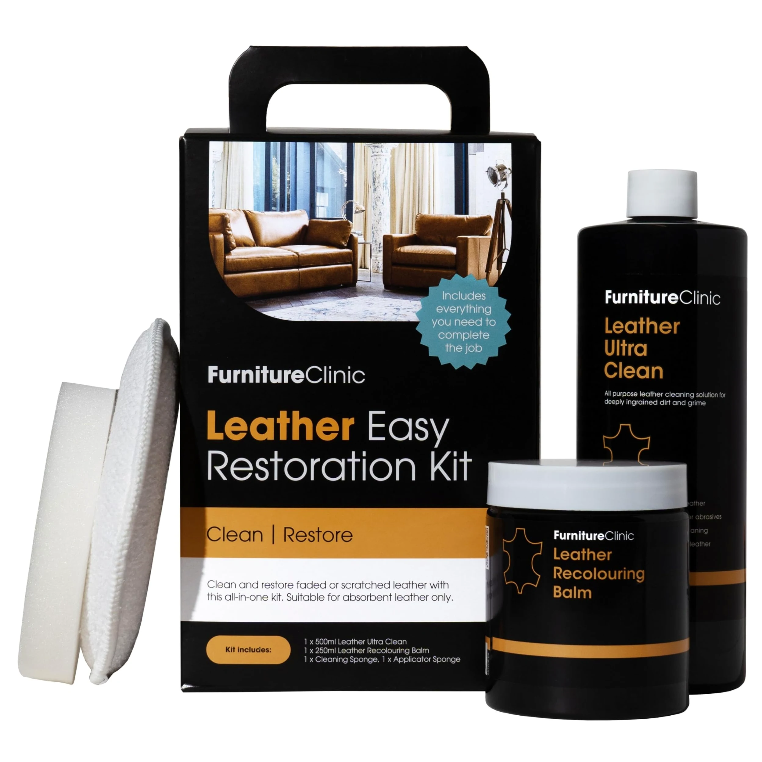 Furniture Clinic Easy - Kit de restauración de cuero (gris claro) | Incluye bálsamo para recolorear, ultra limpio, esponja y paño para muebles, asientos de coche, zapatos y bolsas