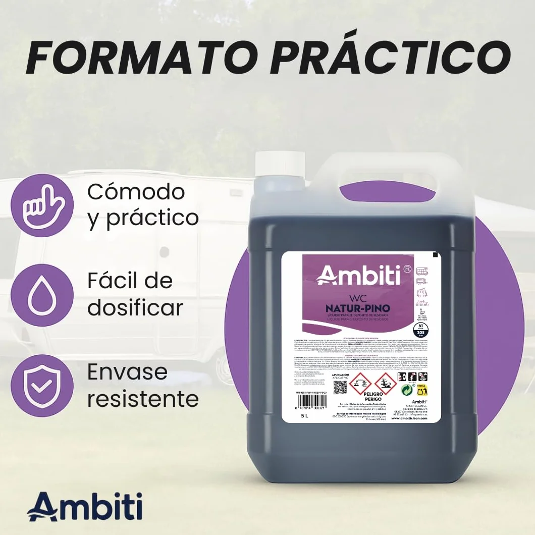 Ambiti | Natur Pino 5L | Aditivo para Depósito de Residuos Aguas Negras | Inodoros Portátiles de Autocaravanas, Caravanas y Barcos | Elimina Olores,residuos y Desinfecta | Fragancia a Pino