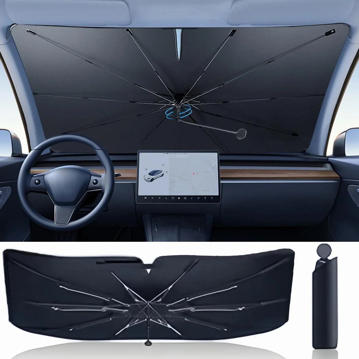 LELYFIT Parasol Parabrisas Delantero Coche Plegable Barra Ajustable Protección UV Solar 140 x 80 cm