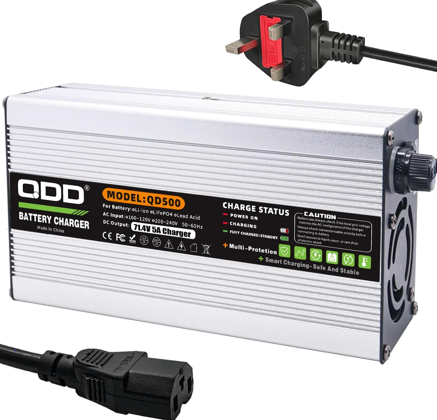 QDD Cargador de batería de iones de litio de 60 V, 71,4 V, 5 A, salida de carcasa de aluminio plateado, conector C13 N+L, utilizado para batería de litio de 17S 60 V