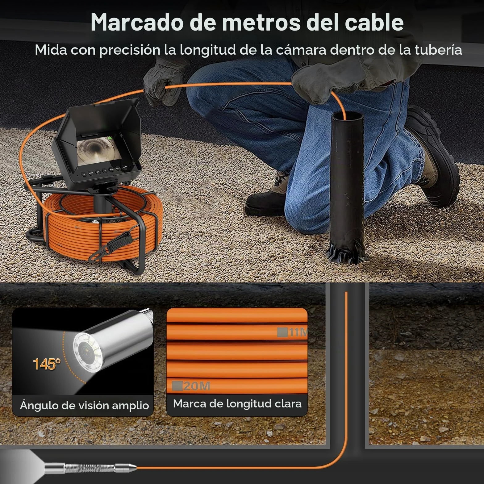 Cámara de Inspección, 4,3" Cámara para Tuberías con Función DVR, Snake Camara con Batería de 8500mAh y Marcadores de Metros, 23mm Endoscopio Industrial con 12 Luces LED (30M)
