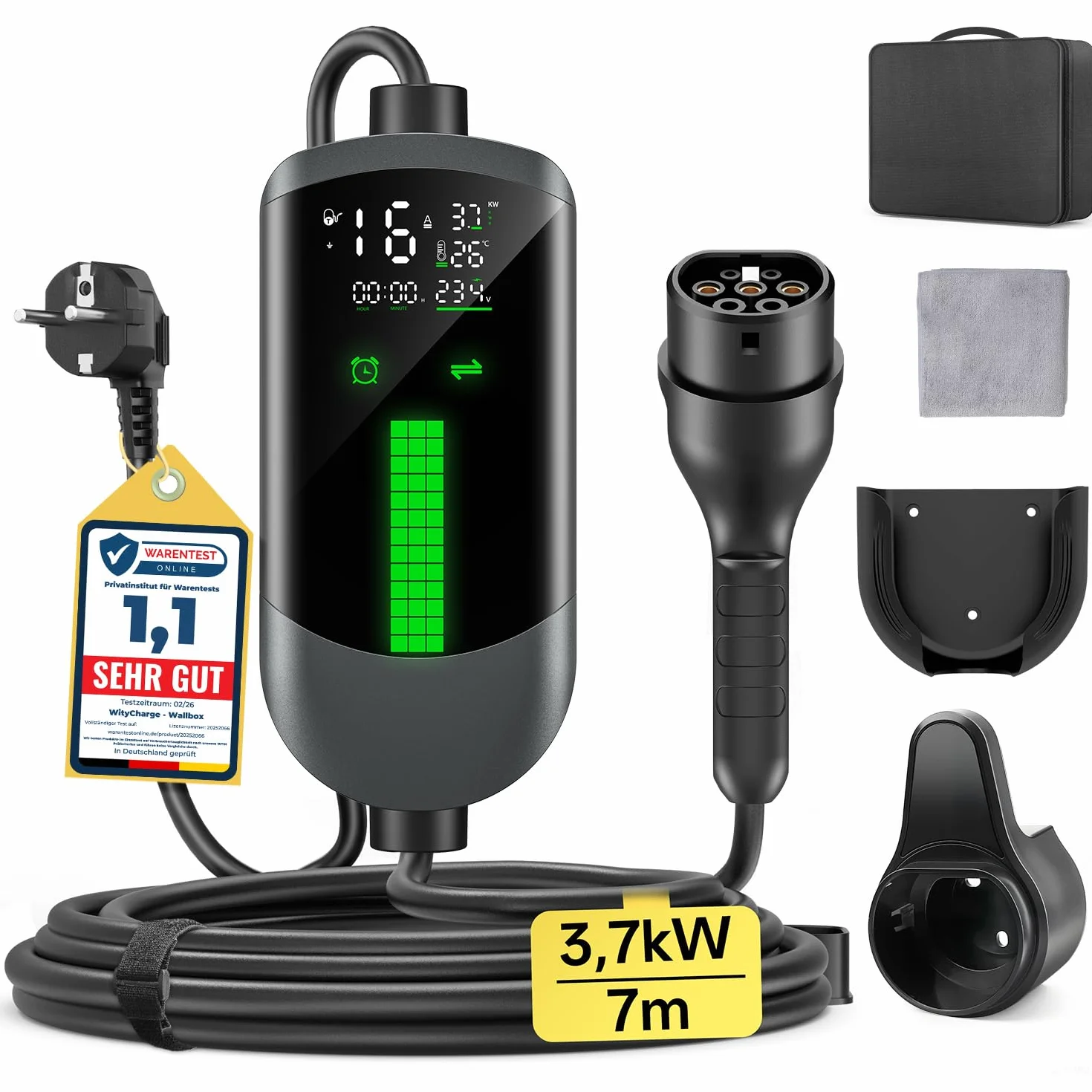 Cargador Coche Electrico Wallbox 3,7kW - 7M/6-16A Monofasico Cable carga coche electrico, Cargador Tipo 2 EV Charger Portátil, LCD Pantalla, Controlable, IP65, para Mayoría EVs(IEC 62196-2) & PHEVS