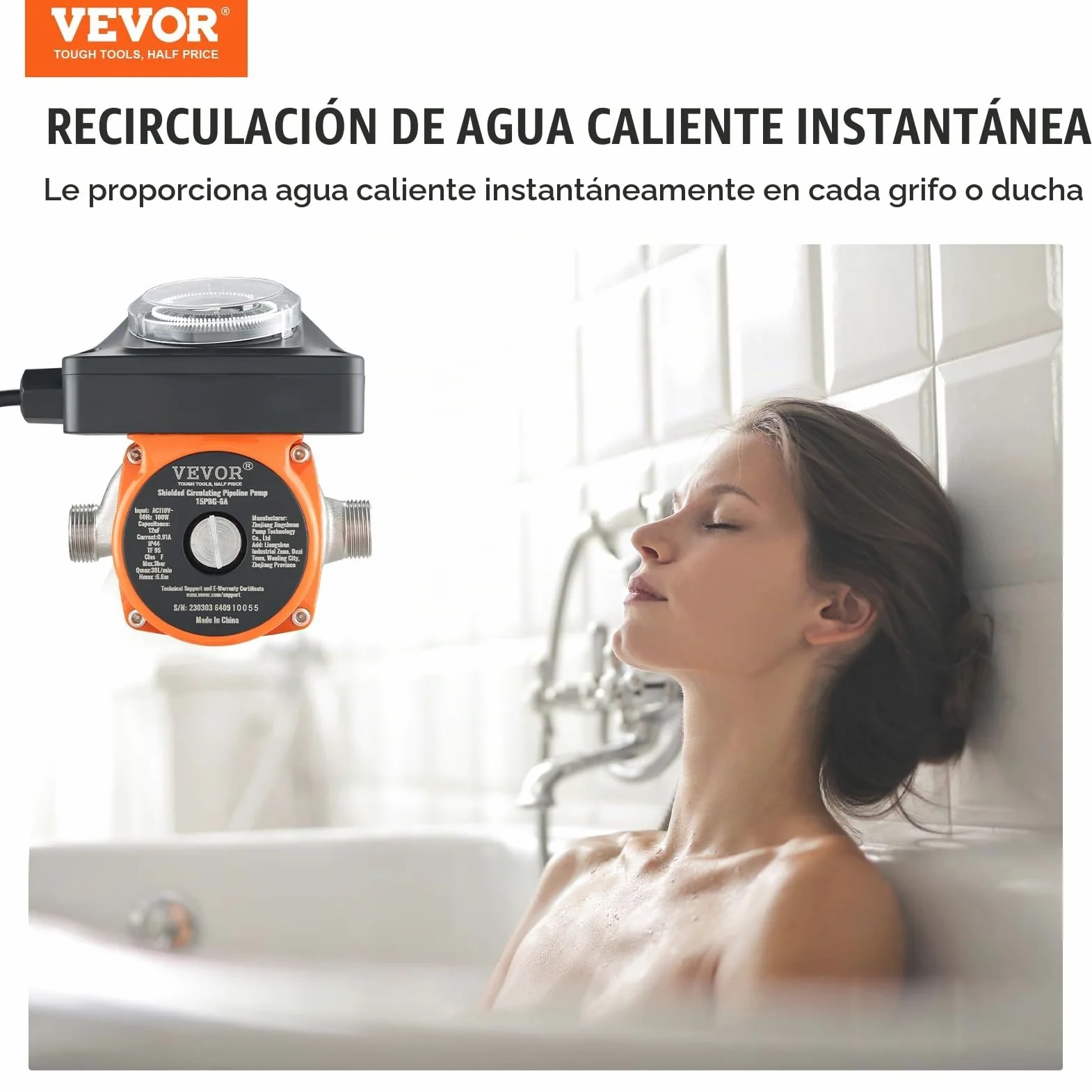 VEVOR Bomba de Circulación de Agua Caliente 100 W Bomba de Presión Circulador Auto Silenciador Acero Inoxidable Entrada Salida DN20 Adaptador DN15 para Sistema de Calentador de Agua Grifo de Ducha