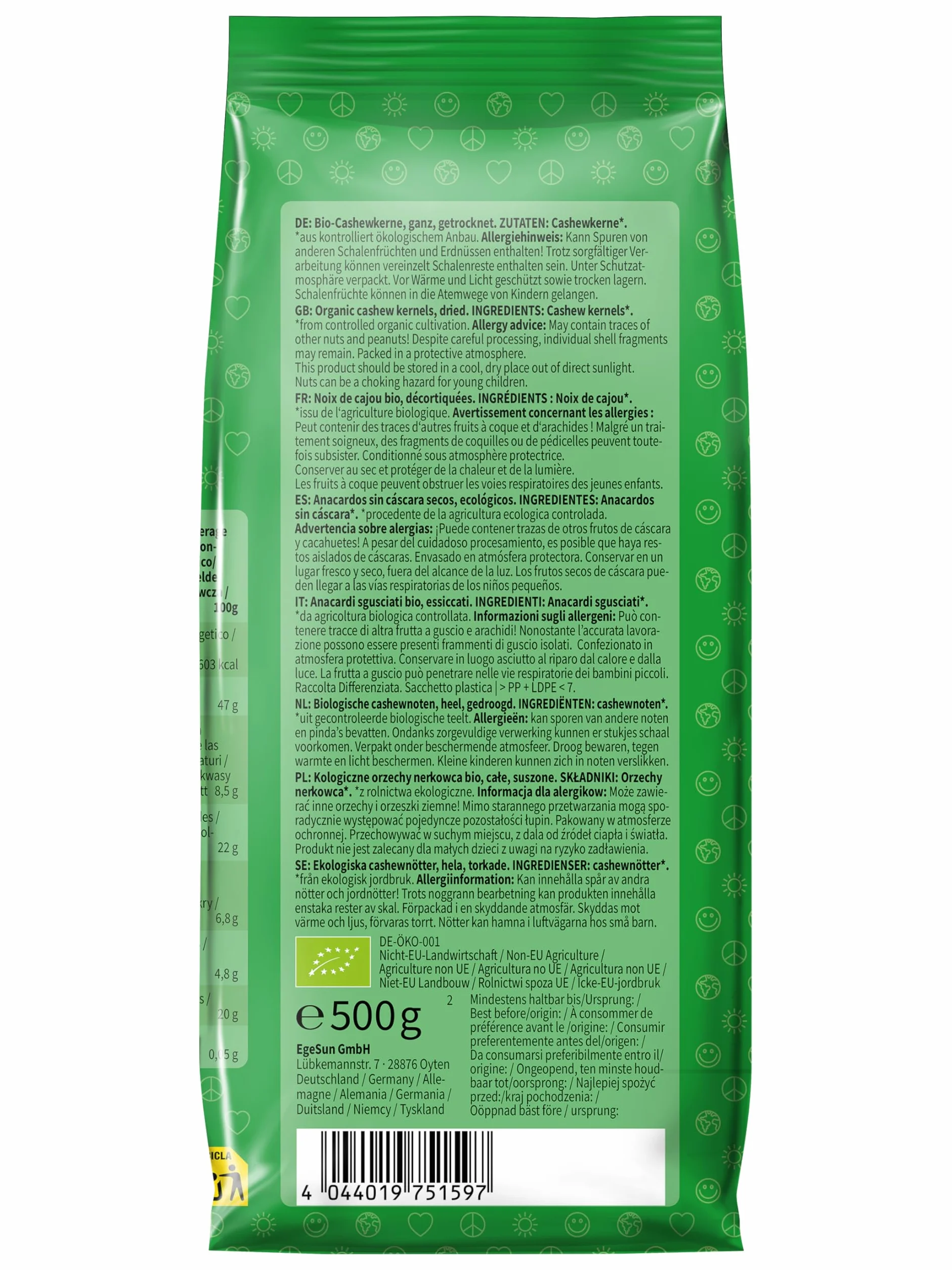 Anacardos ecológicos enteros, 2 bolsas de 500 g