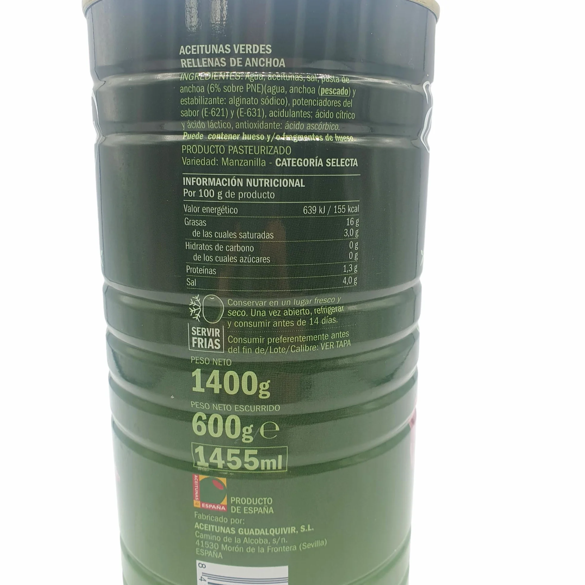 Aceitunas Rellenas de Anchoa Lata 1,4 kg Gran tamaño