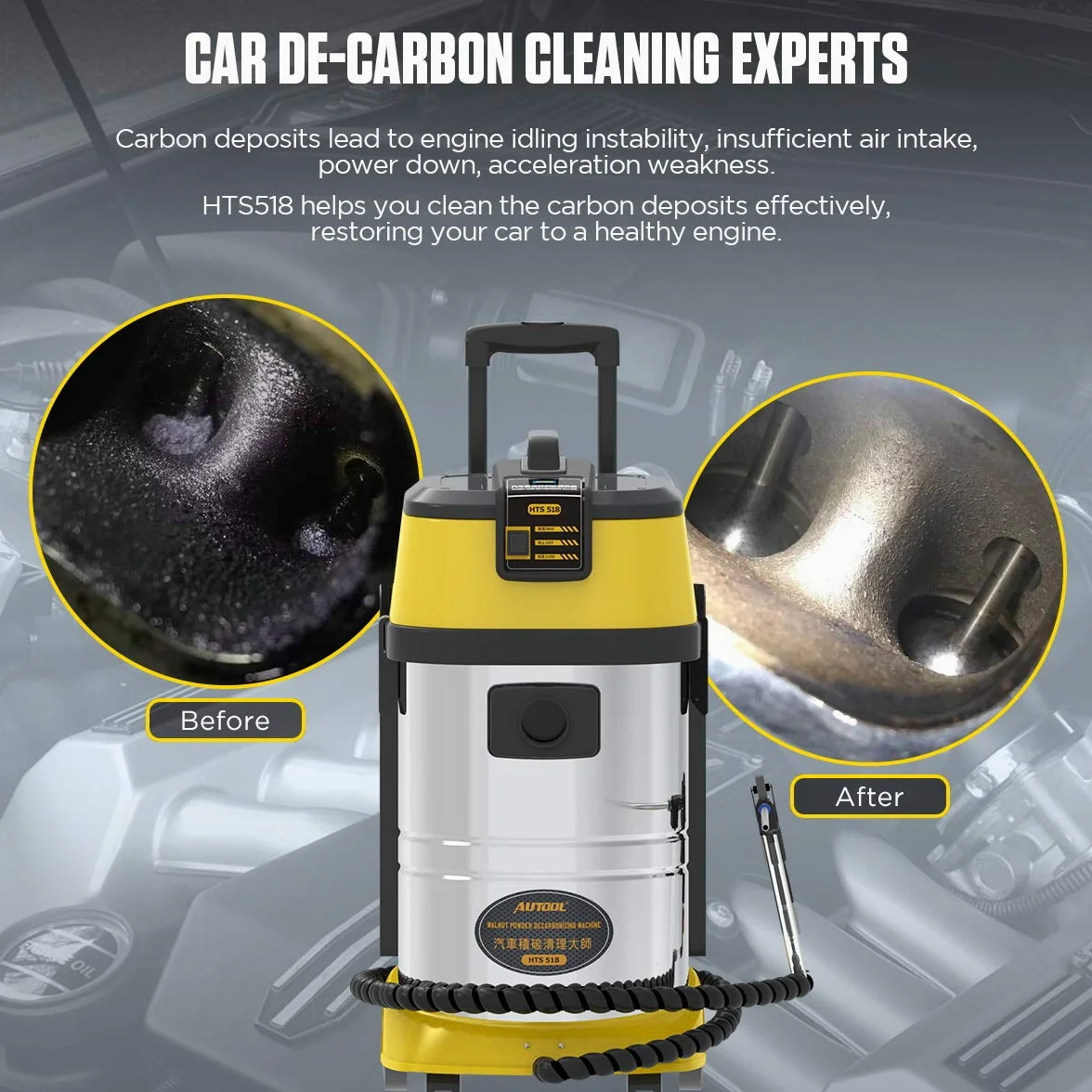 Limpiador de depósitos de carbono de nogal y arena, HTS518, limpiador de depósitos de carbono para motor de coche, válvula de entrada, limpiador de descarbonización, con 23 adaptadores para modelos de