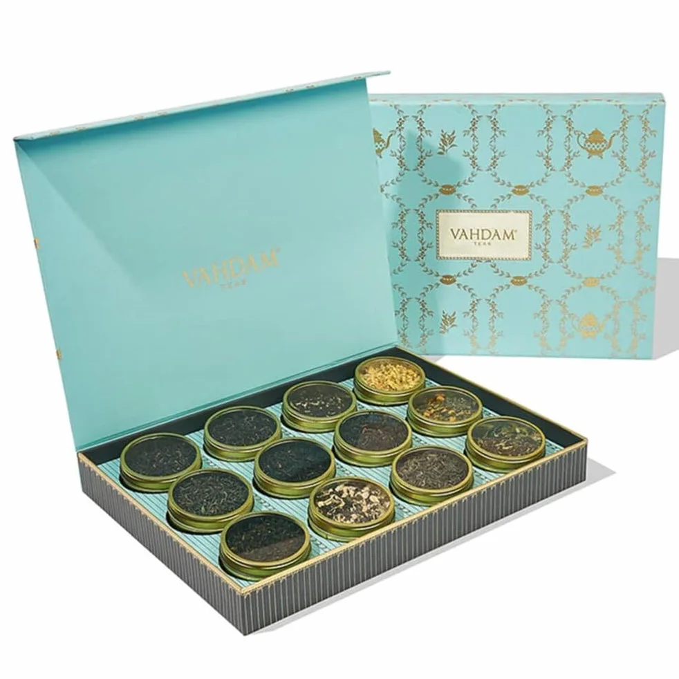 VAHDAM Caja De Regalo Surtida De Té Bloom 12 Tés Sueltos Té Negro Hierbas Oolong Verde Chai