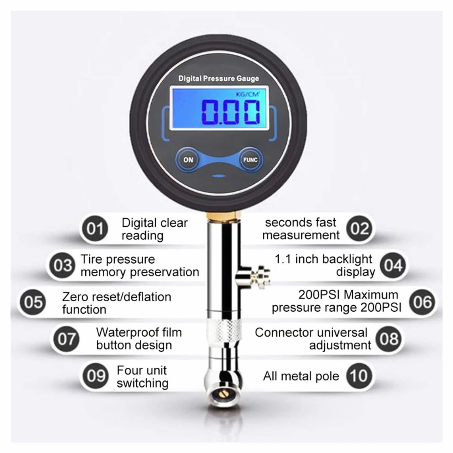 Medidor de presión de neumáticos Digital LCD de 0-200PSI, presión de Aire de neumáticos de Coche para Motocicletas, Coches, Camiones, Bicicletas, Motocicletas, probador de vehículos