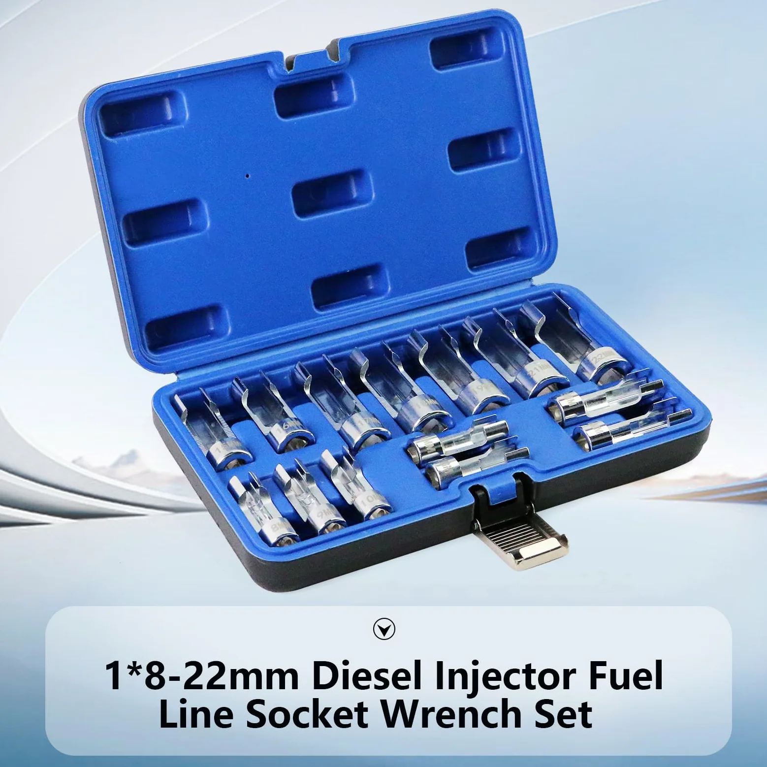 Juego de llaves de tubo de línea de combustible diésel de 14 piezas (unidad de 3/8 pulgadas y 1/2 pulgada) | Casquillos métricos de tuerca acampanada de 8 a 22 mm | Diseño antideslizante de